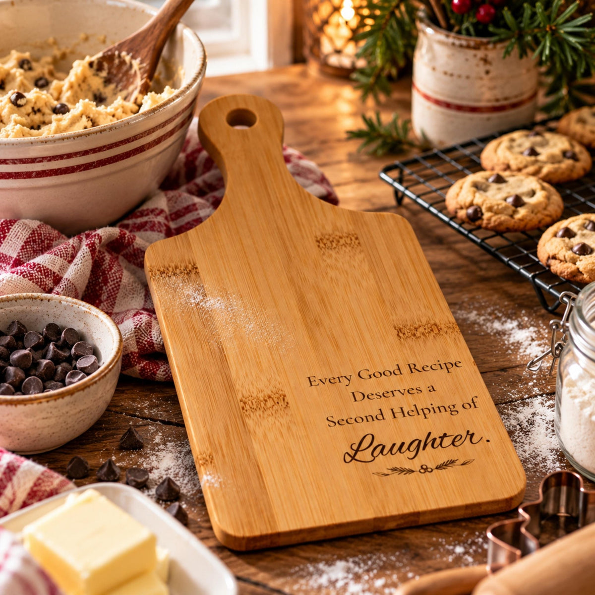 Engraved Bamboo Cutting Board with Handle, Wood Bread Serving Tray, Cheese & Chopping Board - Winterberry Hearth