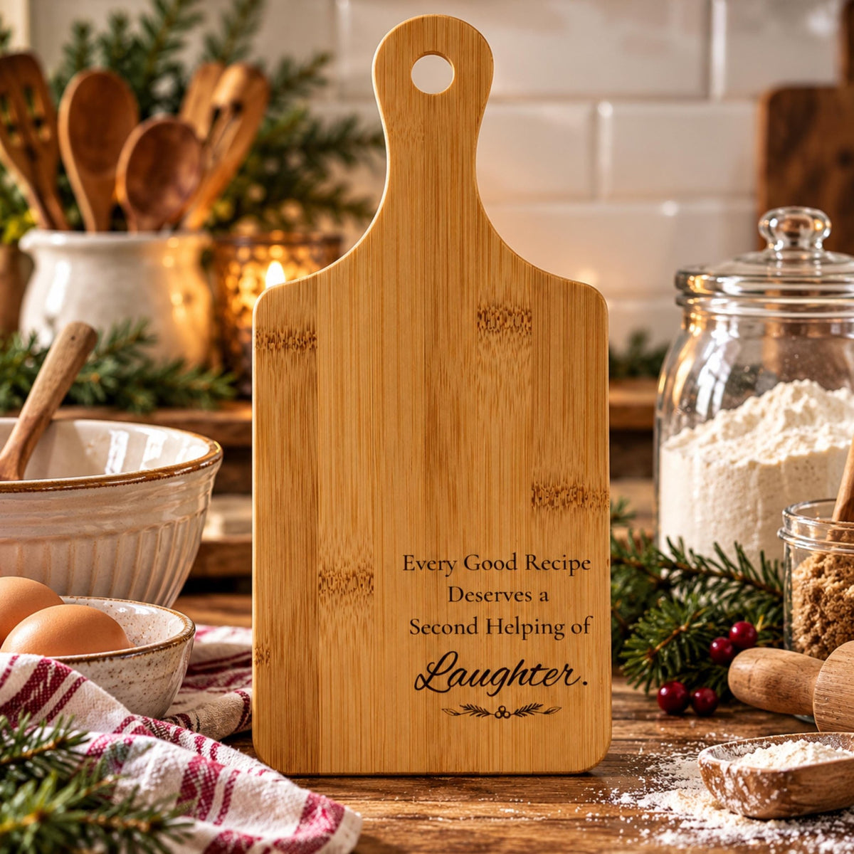 Engraved Bamboo Cutting Board with Handle, Wood Bread Serving Tray, Cheese & Chopping Board - Winterberry Hearth