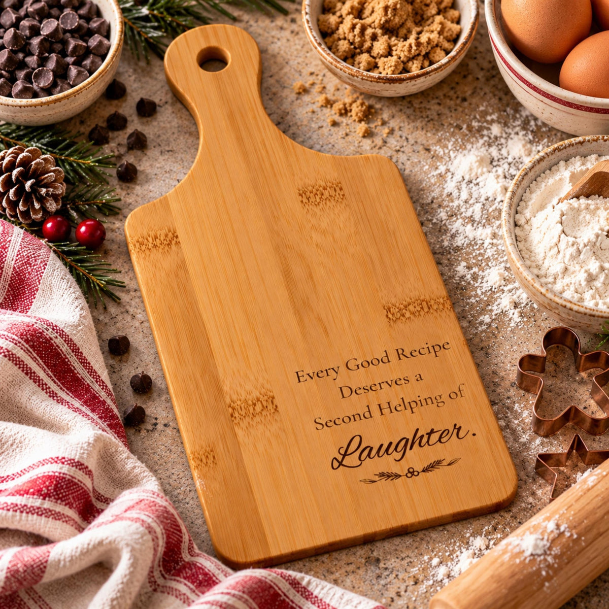 Engraved Bamboo Cutting Board with Handle, Wood Bread Serving Tray, Cheese & Chopping Board - Winterberry Hearth