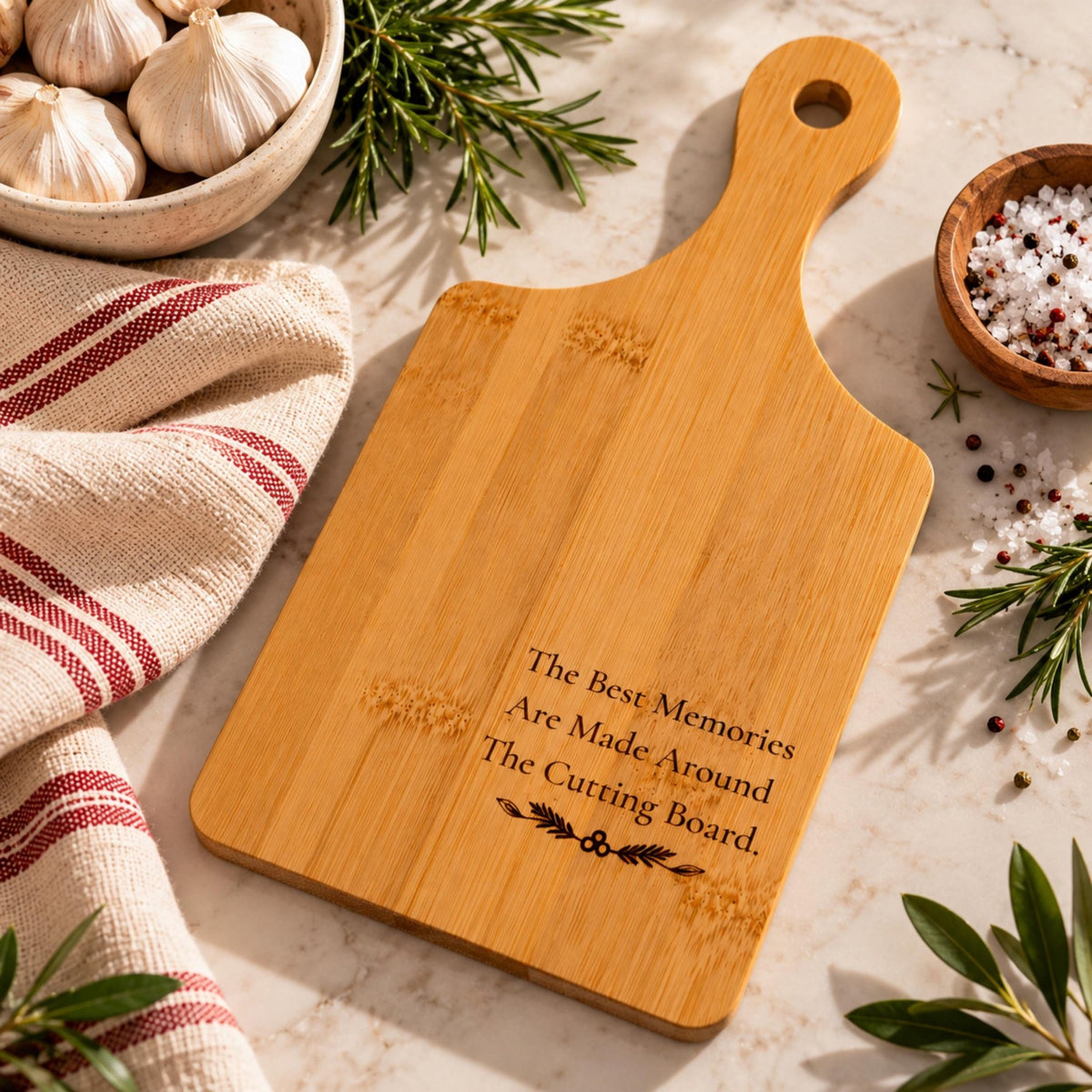 Engraved Bamboo Cutting Board with Handle, Wooden Family Cooking Gift, Kitchen Memories Keepsake - Winterberry Hearth