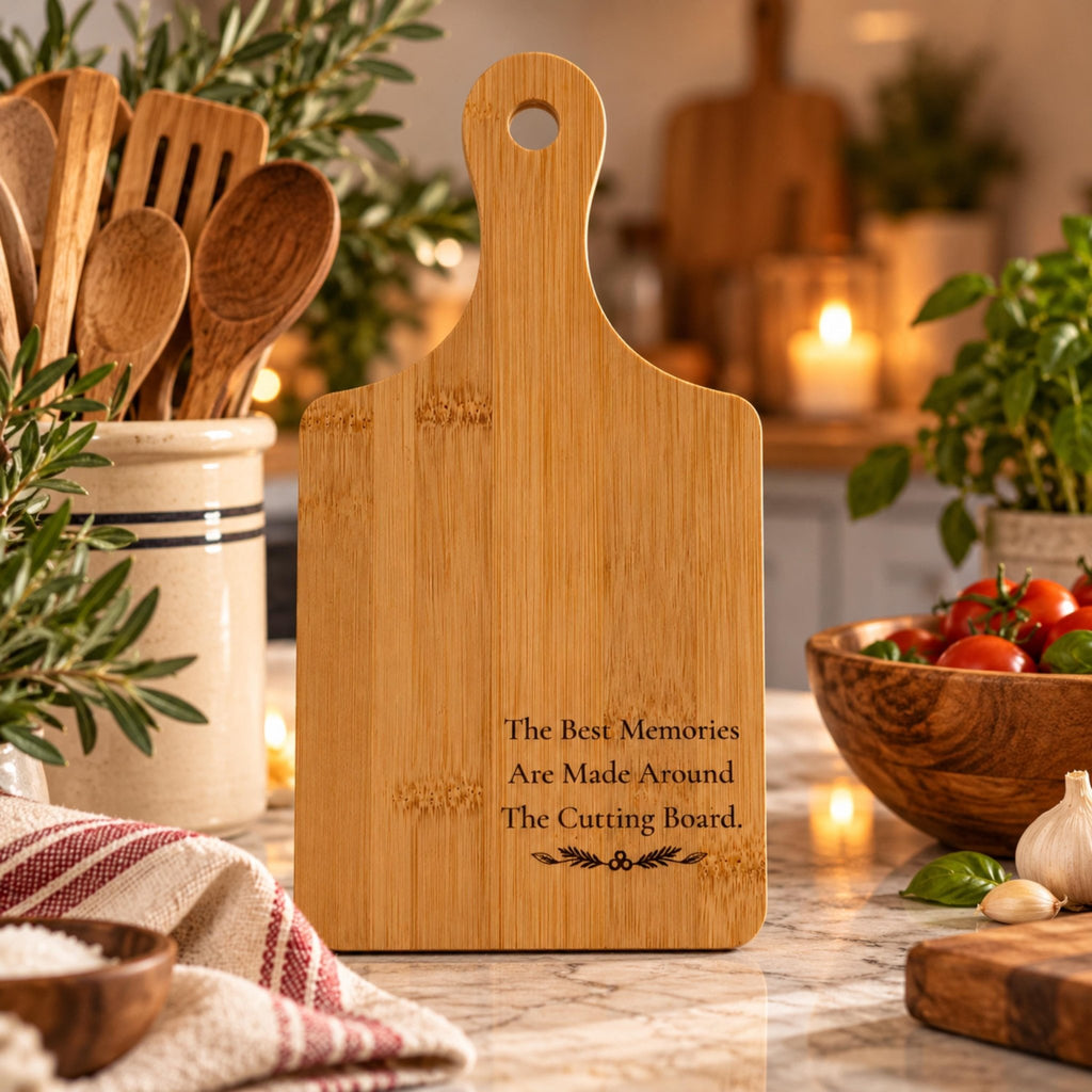 Engraved Bamboo Cutting Board with Handle, Wooden Family Cooking Gift, Kitchen Memories Keepsake - Winterberry Hearth