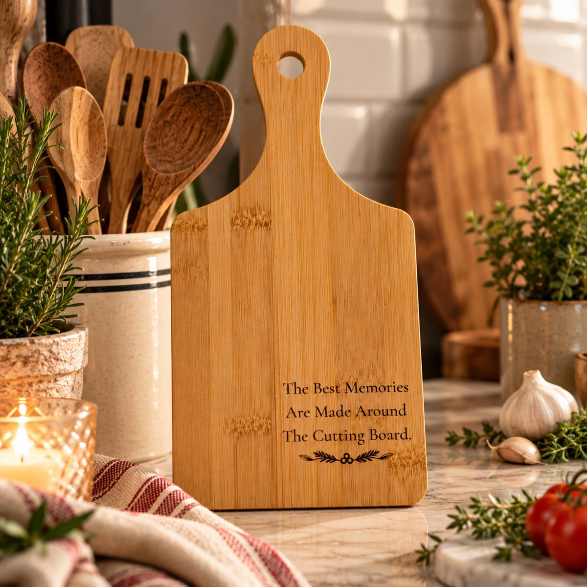 Engraved Bamboo Cutting Board with Handle, Wooden Family Cooking Gift, Kitchen Memories Keepsake - Winterberry Hearth