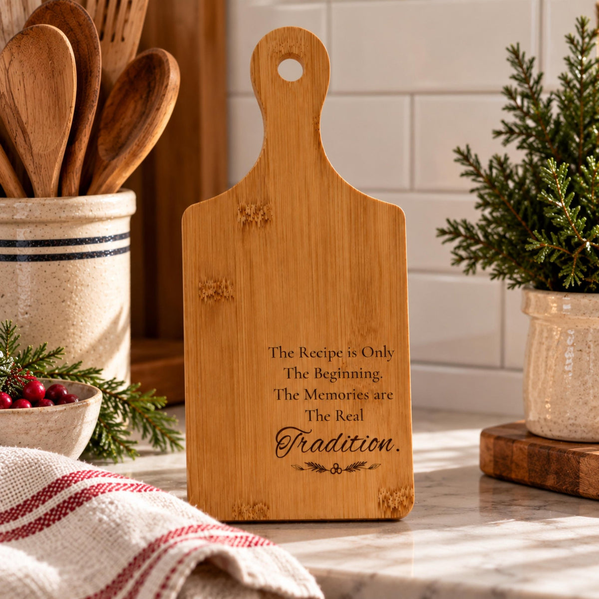 Engraved Bamboo Serving Board with Handle, Wood Family Recipe Keepsake, Wooden Cutting Board - Winterberry Hearth
