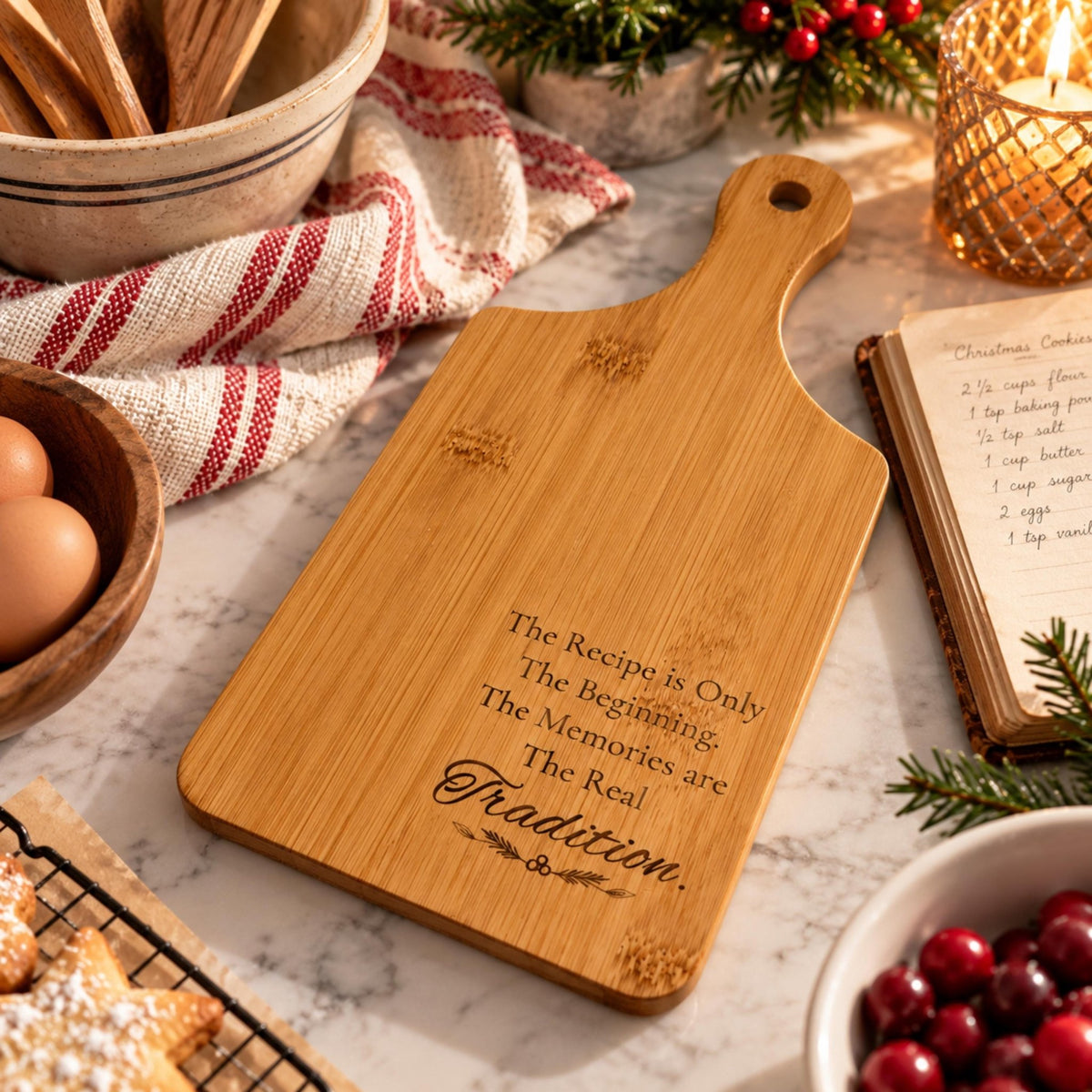 Engraved Bamboo Serving Board with Handle, Wood Family Recipe Keepsake, Wooden Cutting Board - Winterberry Hearth