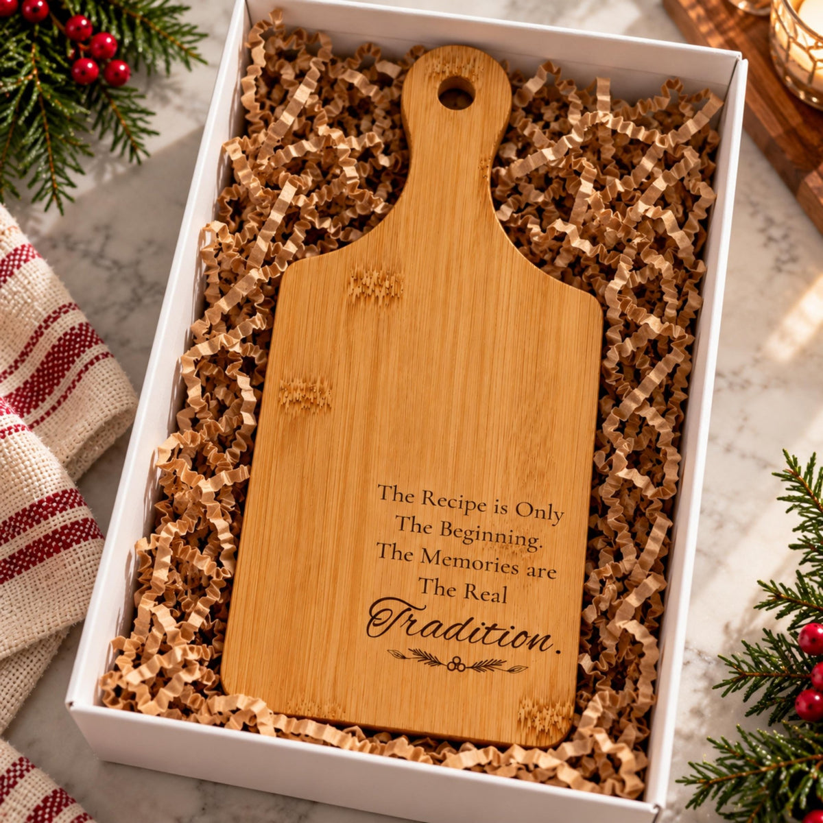 Engraved Bamboo Serving Board with Handle, Wood Family Recipe Keepsake, Wooden Cutting Board - Winterberry Hearth