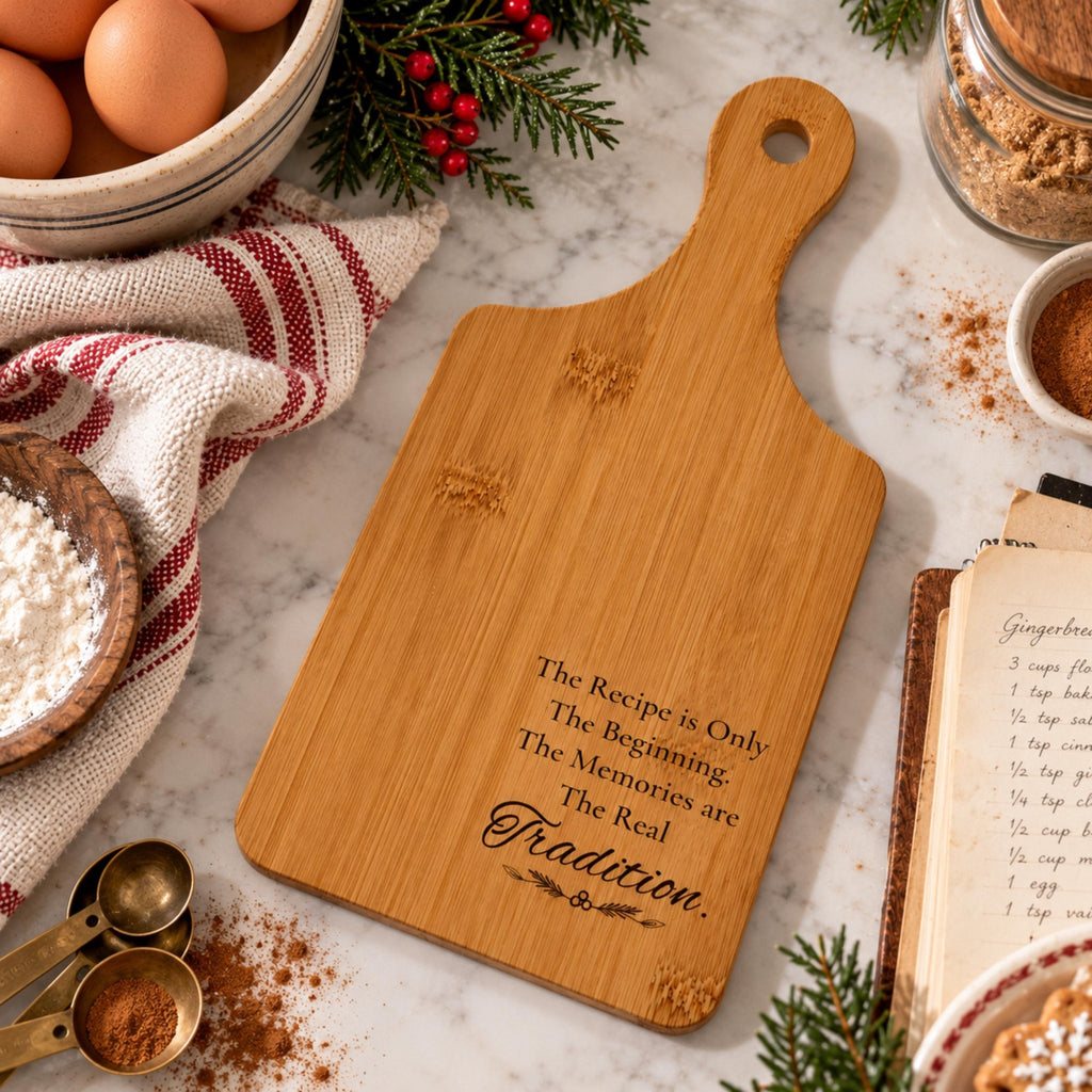 Engraved Bamboo Serving Board with Handle, Wood Family Recipe Keepsake, Wooden Cutting Board - Winterberry Hearth