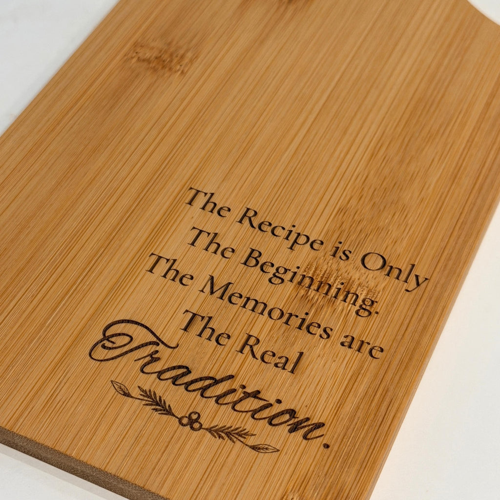 Engraved Bamboo Serving Board with Handle, Wood Family Recipe Keepsake, Wooden Cutting Board - Winterberry Hearth