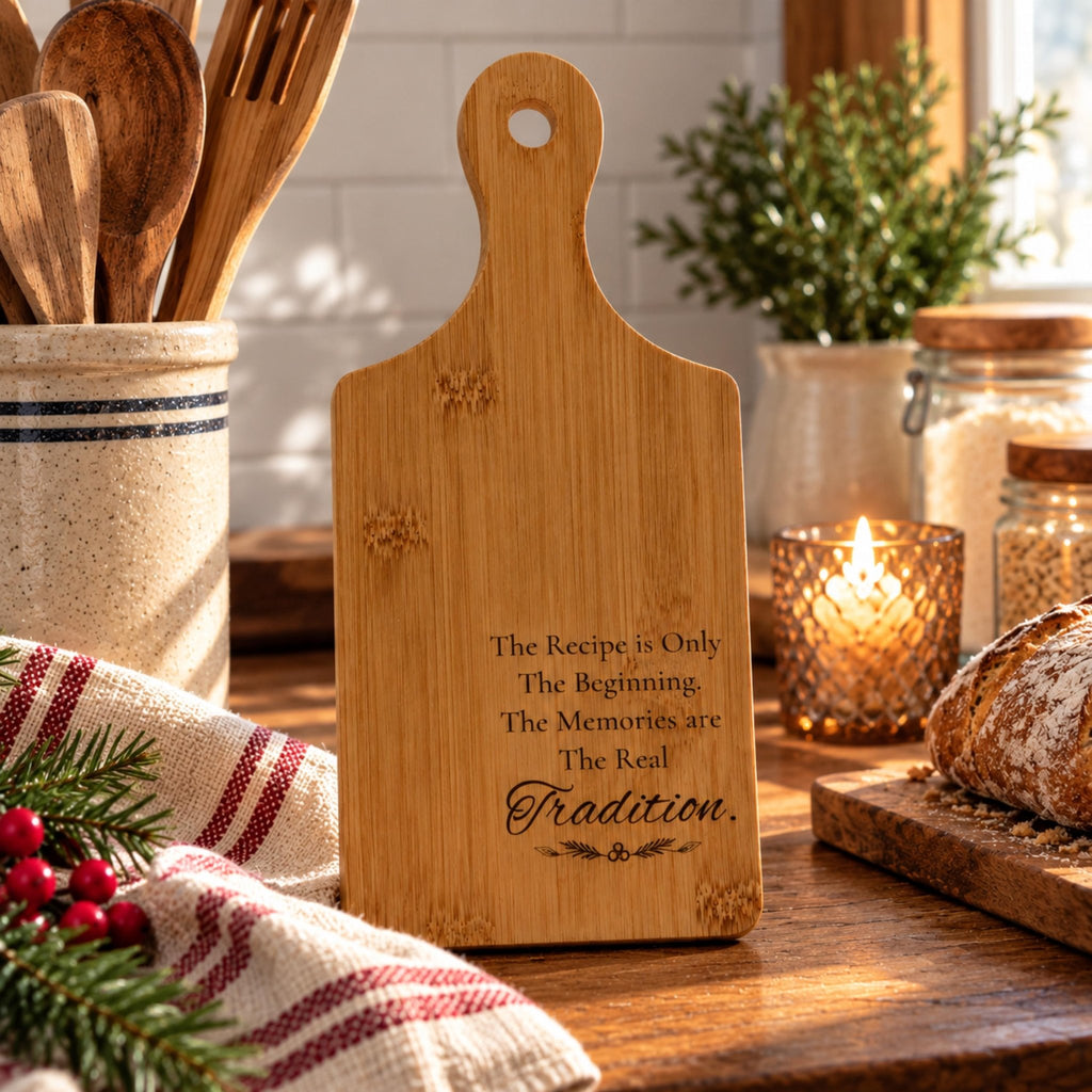 Engraved Bamboo Serving Board with Handle, Wood Family Recipe Keepsake, Wooden Cutting Board - Winterberry Hearth