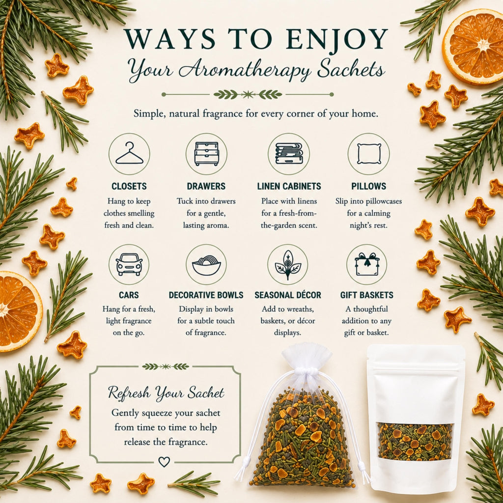 Evergreen Citrus Sachet Home Fragrance, Yuletide Welcome, Pine Rosemary Orange Aroma Pouch, Hostess Gift - Winterberry Hearth