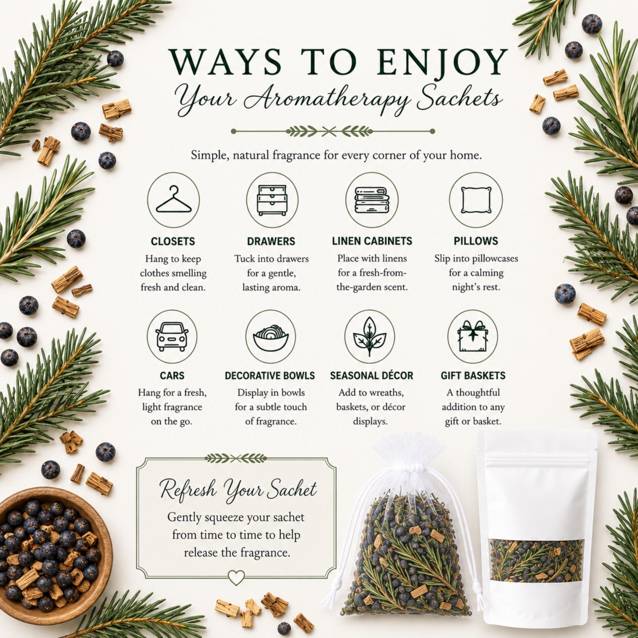 Evergreen Gathering Sachet, Woodland Home Fragrance, Pine Juniper Botanical Pouch, Hearth Decor - Winterberry Hearth