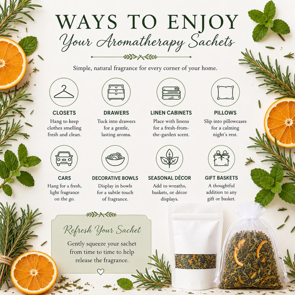 Fresh Citrus Herb Home Fragrance, Morning Grove Sachet, Rosemary Orange, Aromatherapy Gift, Drawer Freshener - Winterberry Hearth