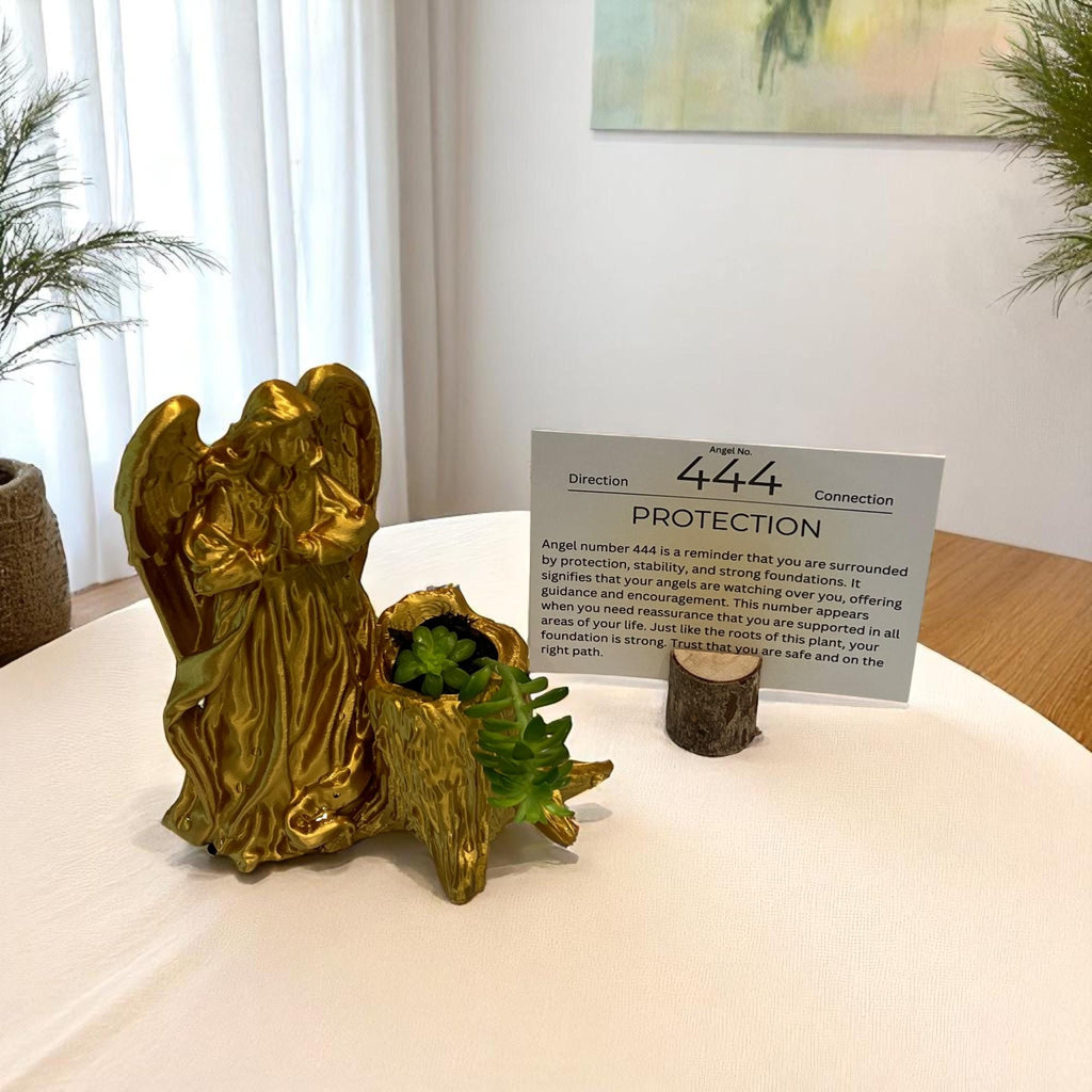 Gold Angel 444 Succulent Planter with Sedum Adolphi, Spiritual Protection and Guidance Gift - Winterberry Hearth