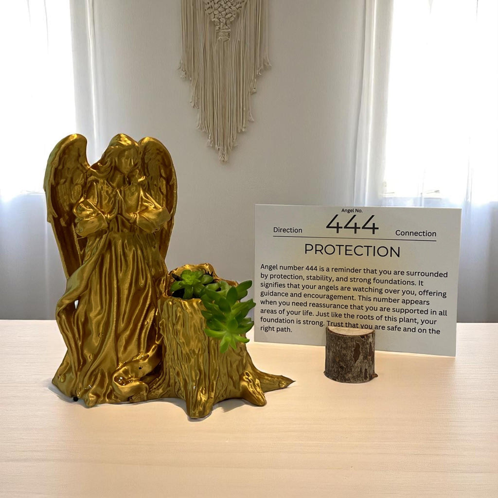Gold Angel 444 Succulent Planter with Sedum Adolphi, Spiritual Protection and Guidance Gift - Winterberry Hearth