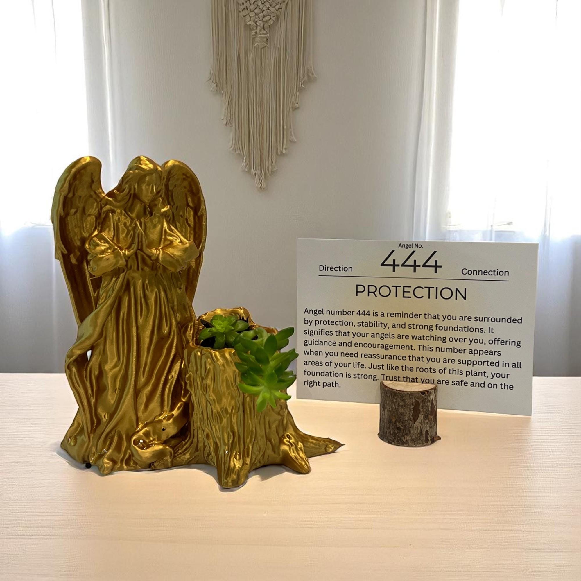 Gold Angel 444 Succulent Planter with Sedum Adolphi, Spiritual Protection and Guidance Gift - Winterberry Hearth
