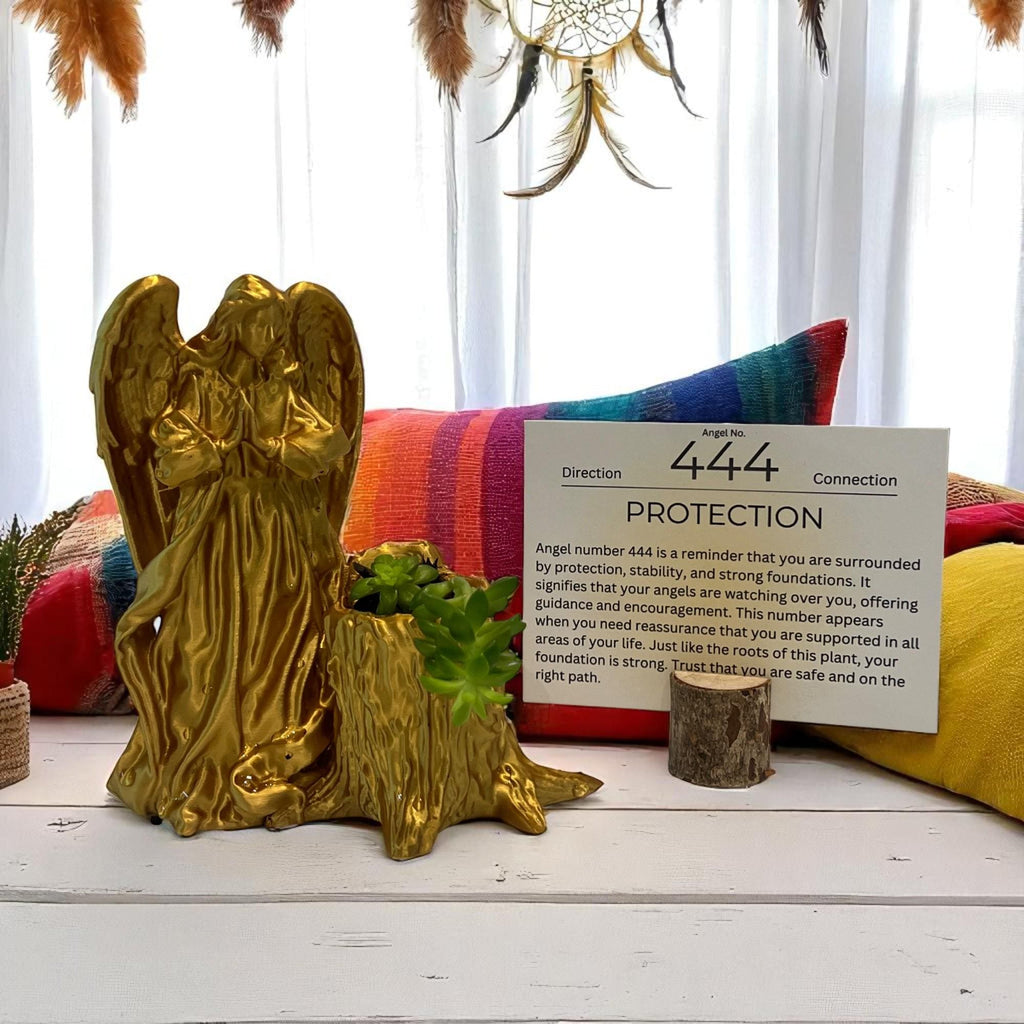 Gold Angel 444 Succulent Planter with Sedum Adolphi, Spiritual Protection and Guidance Gift - Winterberry Hearth