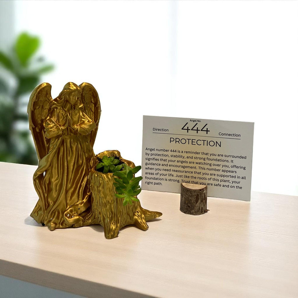 Gold Angel 444 Succulent Planter with Sedum Adolphi, Spiritual Protection and Guidance Gift - Winterberry Hearth