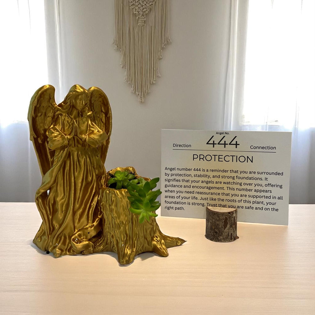 Gold Angel 444 Succulent Planter with Sedum Adolphi, Spiritual Protection and Guidance Gift - Winterberry Hearth