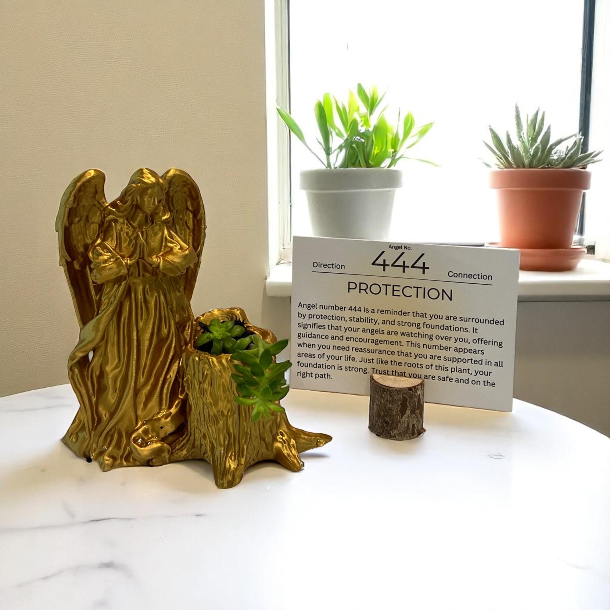 Gold Angel 444 Succulent Planter with Sedum Adolphi, Spiritual Protection and Guidance Gift - Winterberry Hearth