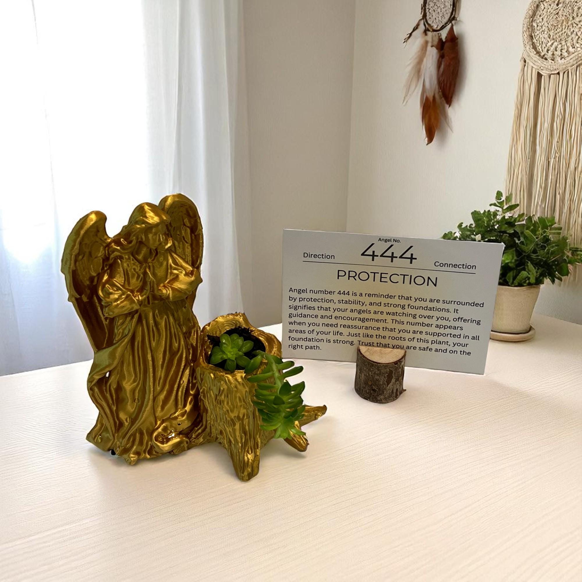 Gold Angel 444 Succulent Planter with Sedum Adolphi, Spiritual Protection and Guidance Gift - Winterberry Hearth