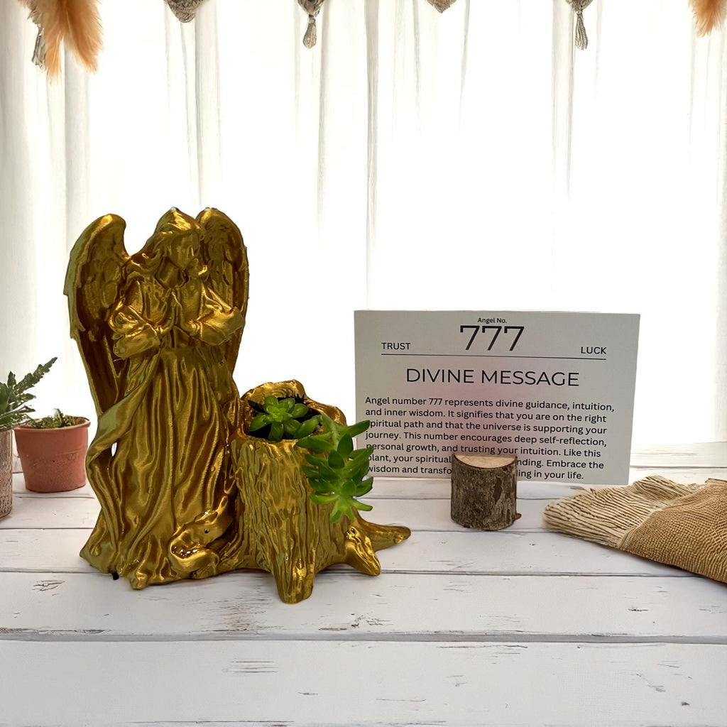 Gold Angel 777 Succulent Planter with Sedum Adolphi, Spiritual Luck and Alignment Gift - Winterberry Hearth