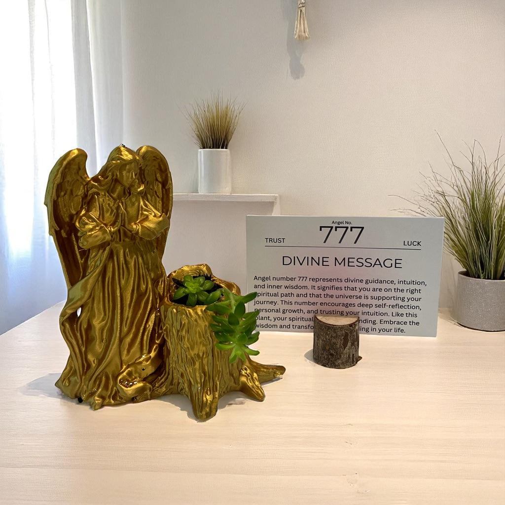 Gold Angel 777 Succulent Planter with Sedum Adolphi, Spiritual Luck and Alignment Gift - Winterberry Hearth
