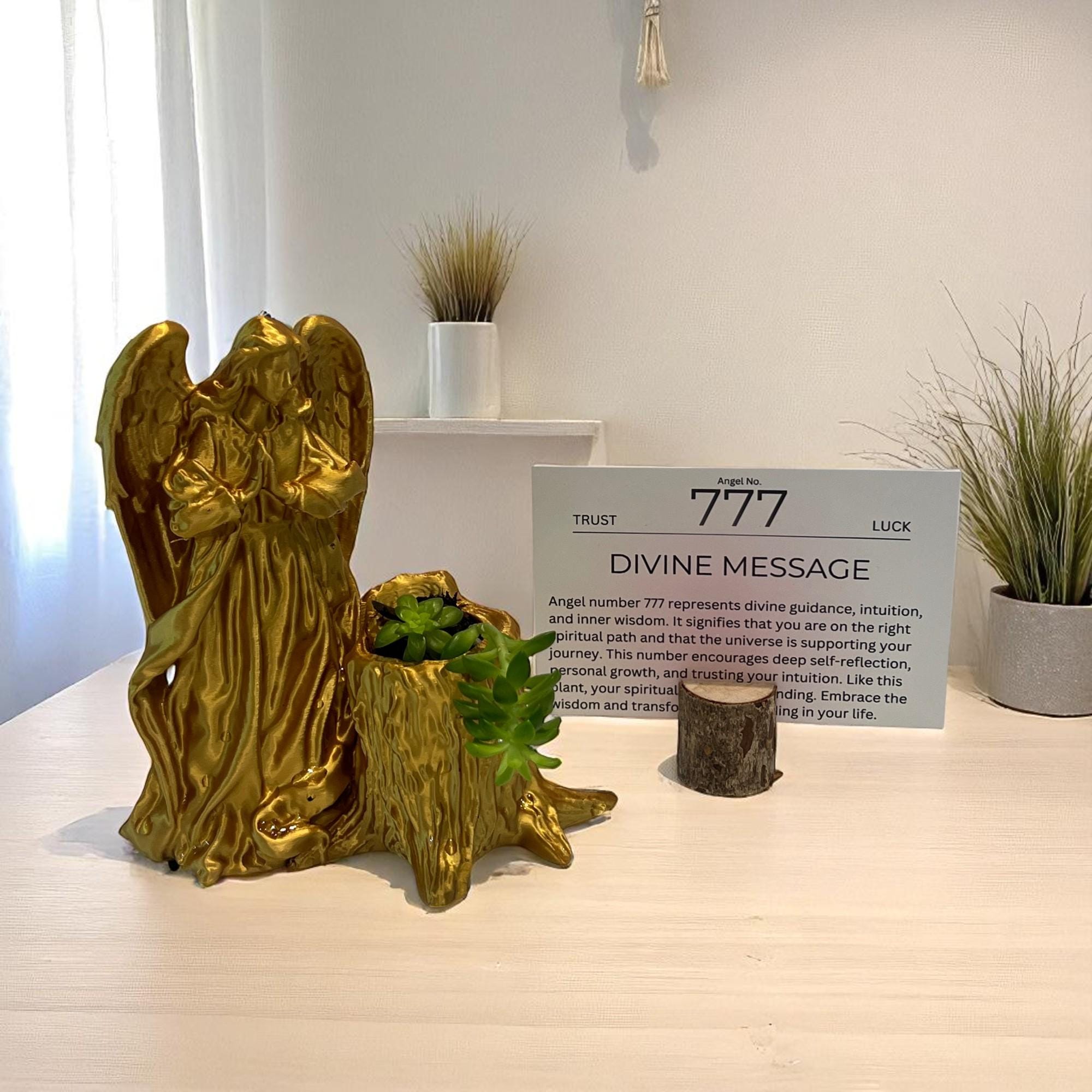 Gold Angel 777 Succulent Planter with Sedum Adolphi, Spiritual Luck and Alignment Gift - Winterberry Hearth