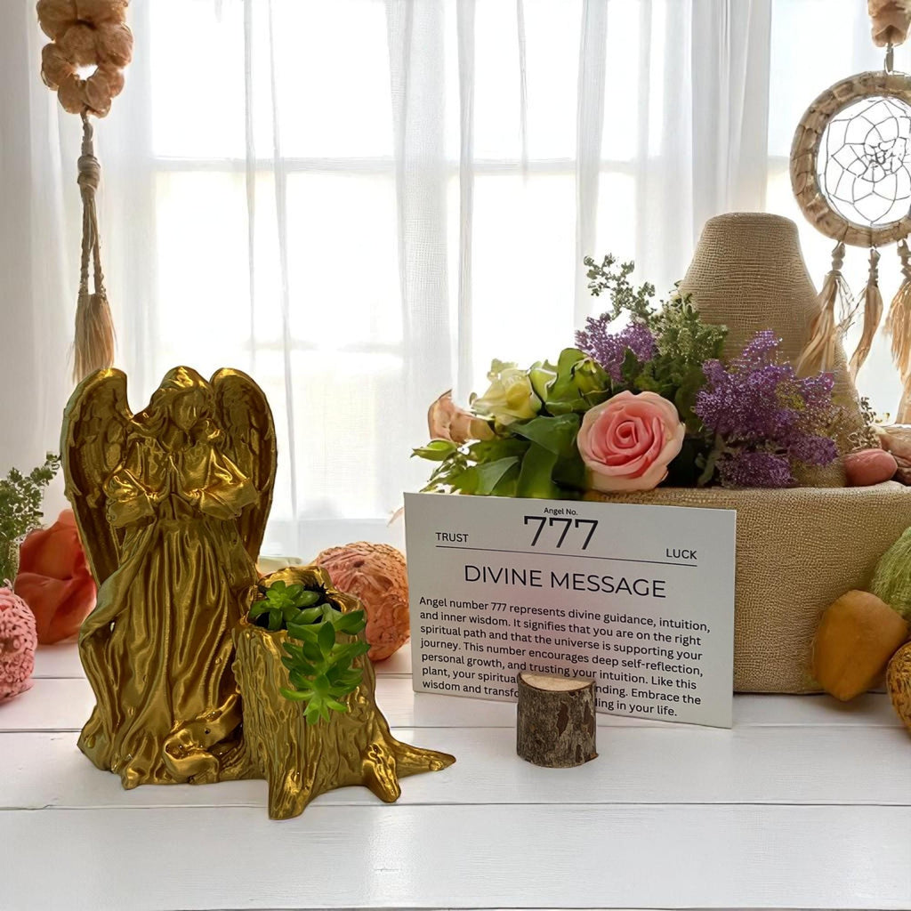 Gold Angel 777 Succulent Planter with Sedum Adolphi, Spiritual Luck and Alignment Gift - Winterberry Hearth