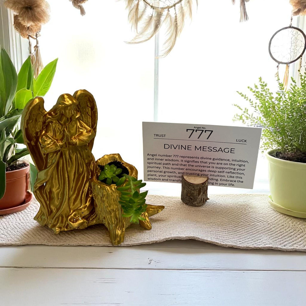 Gold Angel 777 Succulent Planter with Sedum Adolphi, Spiritual Luck and Alignment Gift - Winterberry Hearth