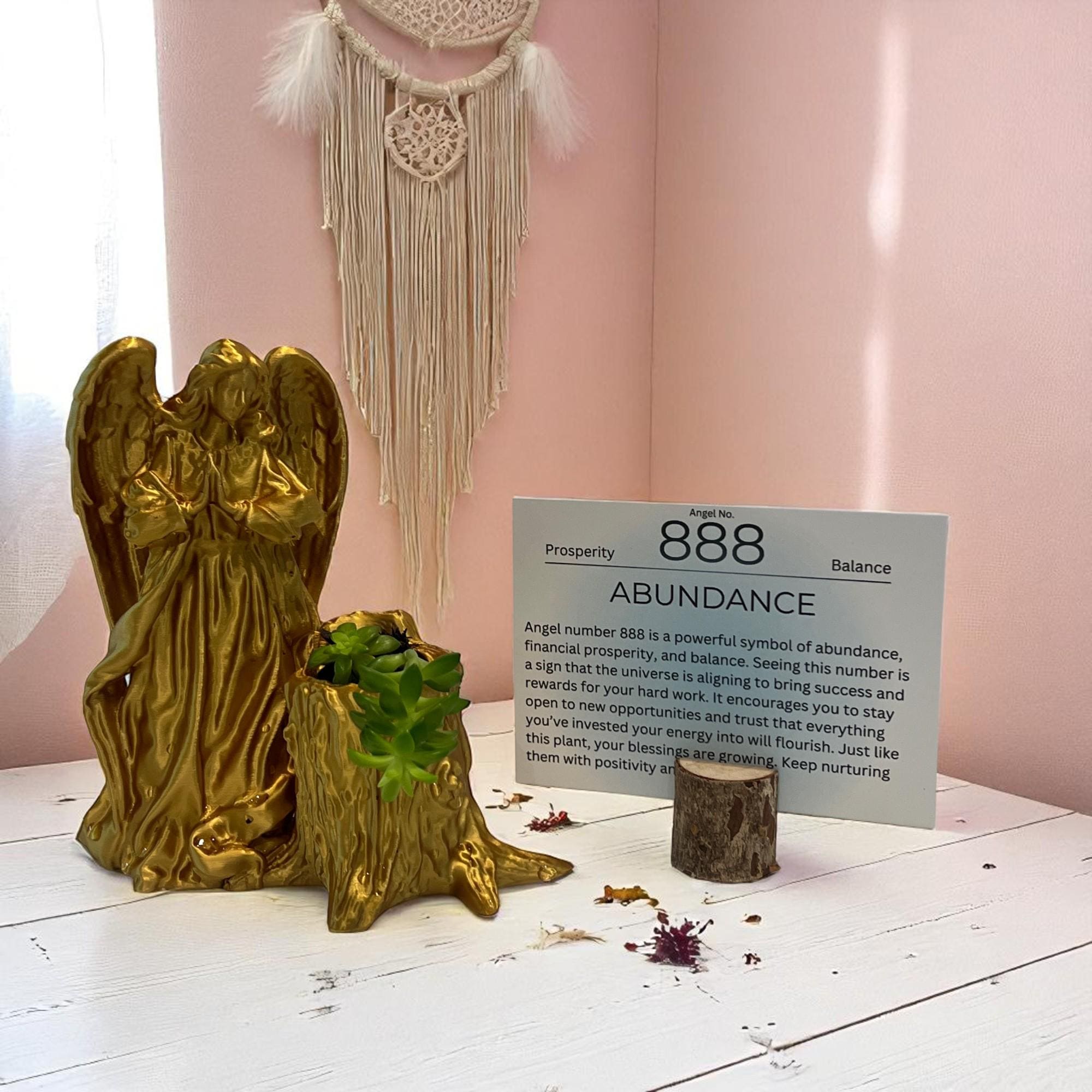 Gold Angel 888 Succulent Planter with Sedum Adolphi, Spiritual Abundance and Prosperity Gift - Winterberry Hearth