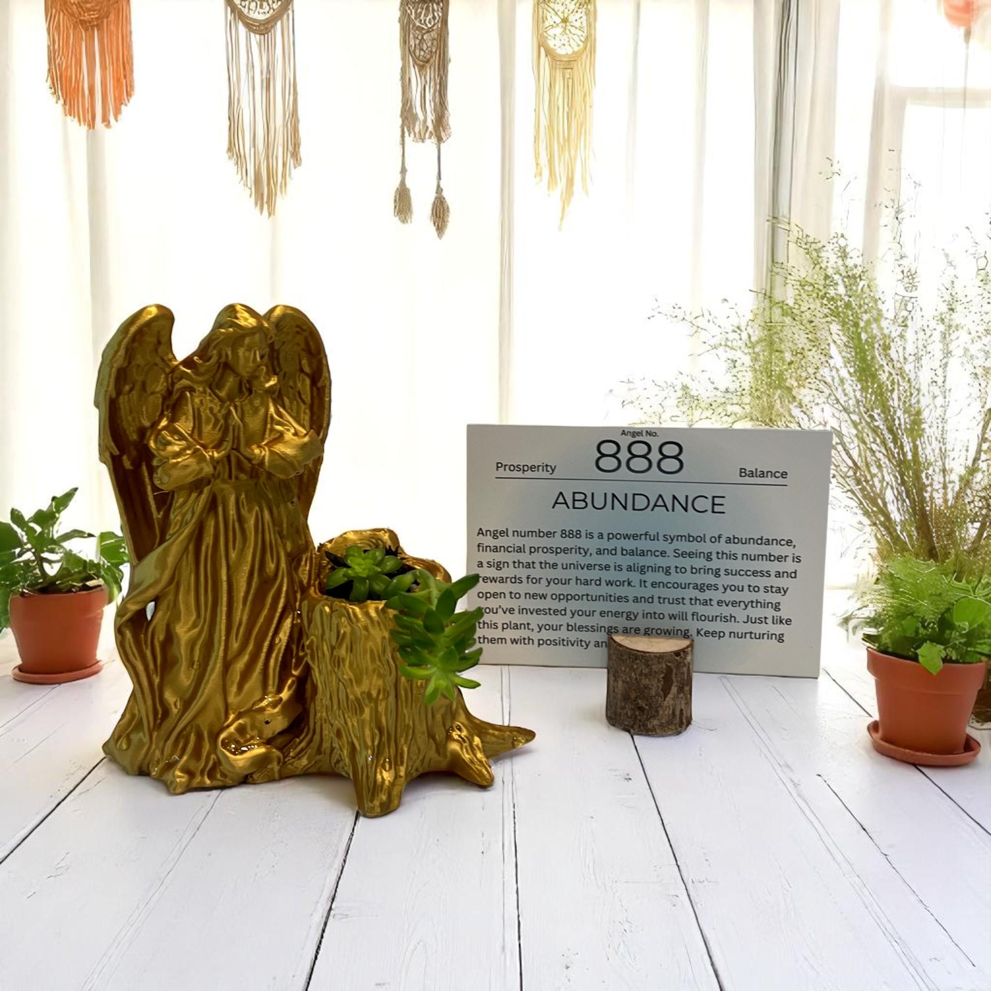 Gold Angel 888 Succulent Planter with Sedum Adolphi, Spiritual Abundance and Prosperity Gift - Winterberry Hearth