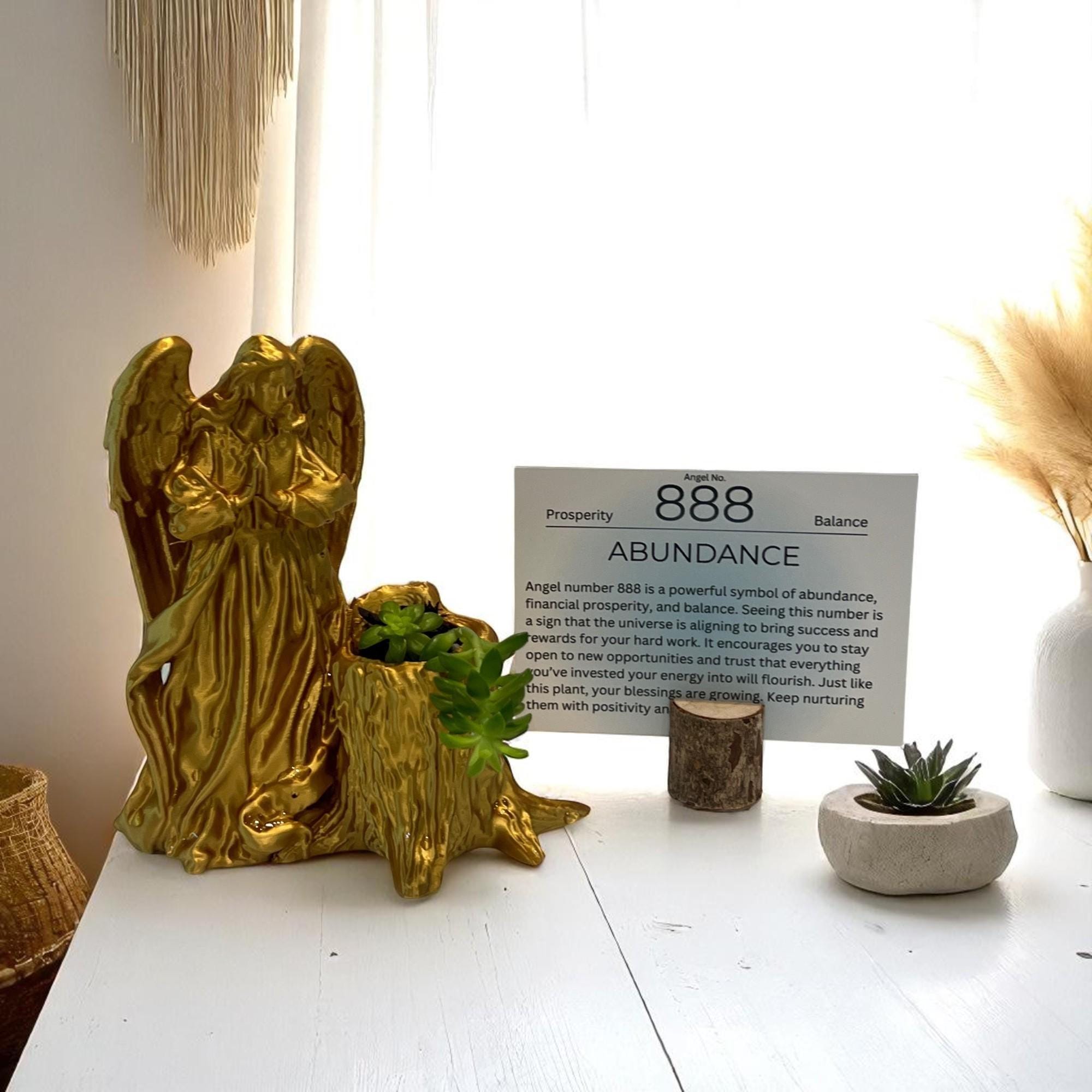 Gold Angel 888 Succulent Planter with Sedum Adolphi, Spiritual Abundance and Prosperity Gift - Winterberry Hearth