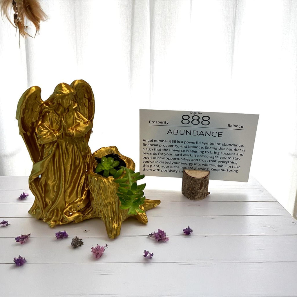 Gold Angel 888 Succulent Planter with Sedum Adolphi, Spiritual Abundance and Prosperity Gift - Winterberry Hearth