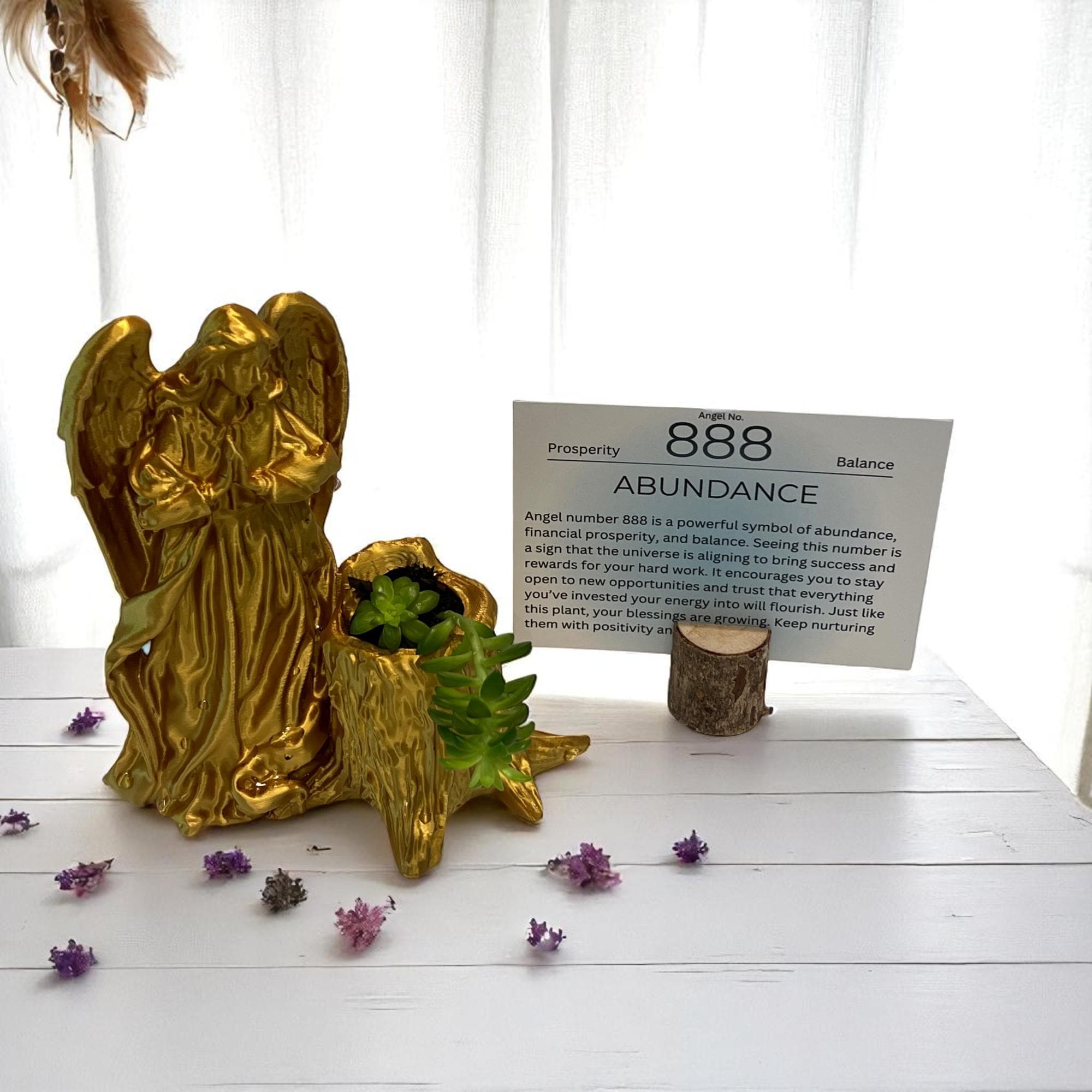Gold Angel 888 Succulent Planter with Sedum Adolphi, Spiritual Abundance and Prosperity Gift - Winterberry Hearth