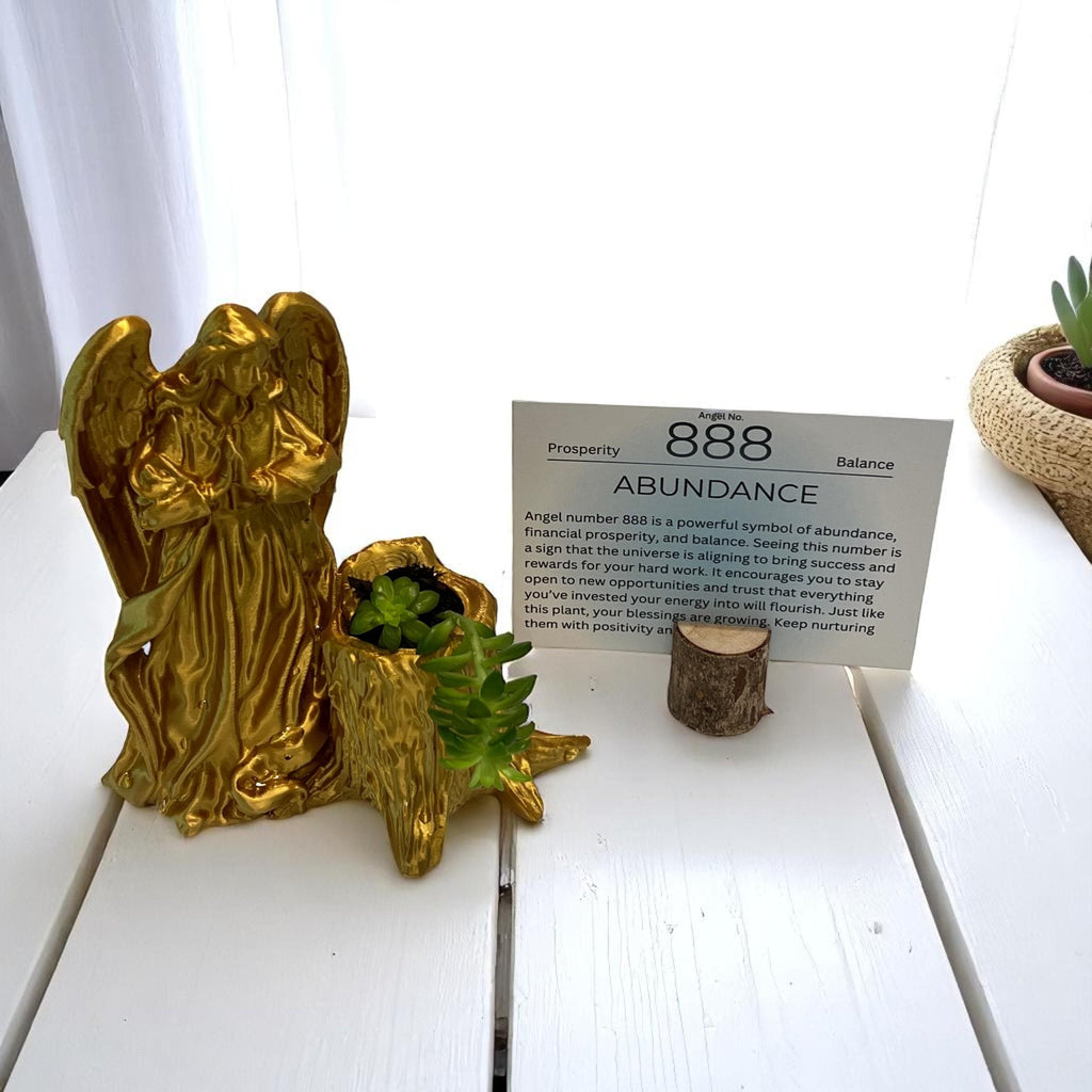 Gold Angel 888 Succulent Planter with Sedum Adolphi, Spiritual Abundance and Prosperity Gift - Winterberry Hearth