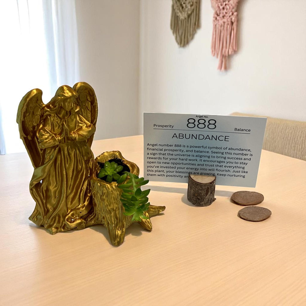 Gold Angel 888 Succulent Planter with Sedum Adolphi, Spiritual Abundance and Prosperity Gift - Winterberry Hearth