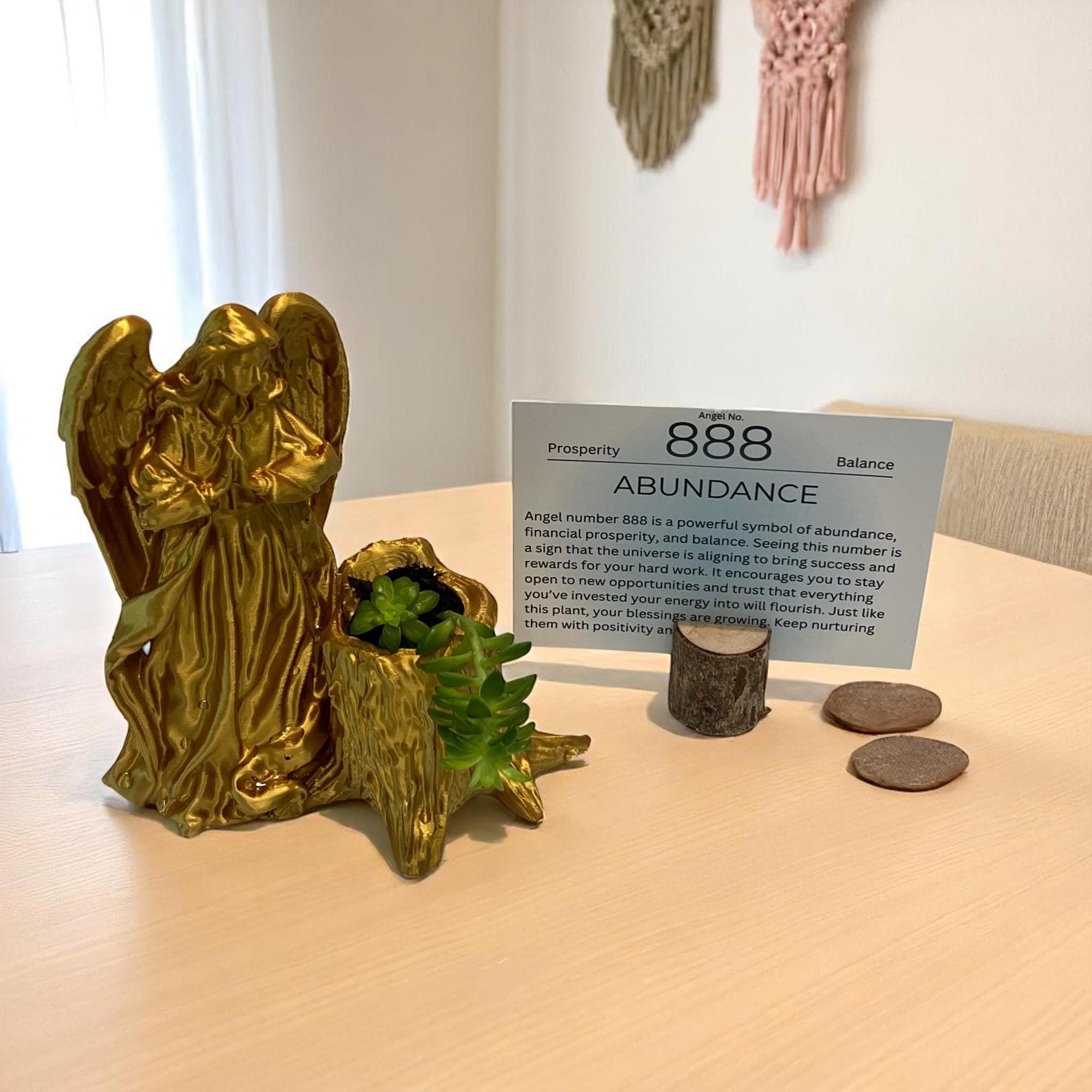 Gold Angel 888 Succulent Planter with Sedum Adolphi, Spiritual Abundance and Prosperity Gift - Winterberry Hearth