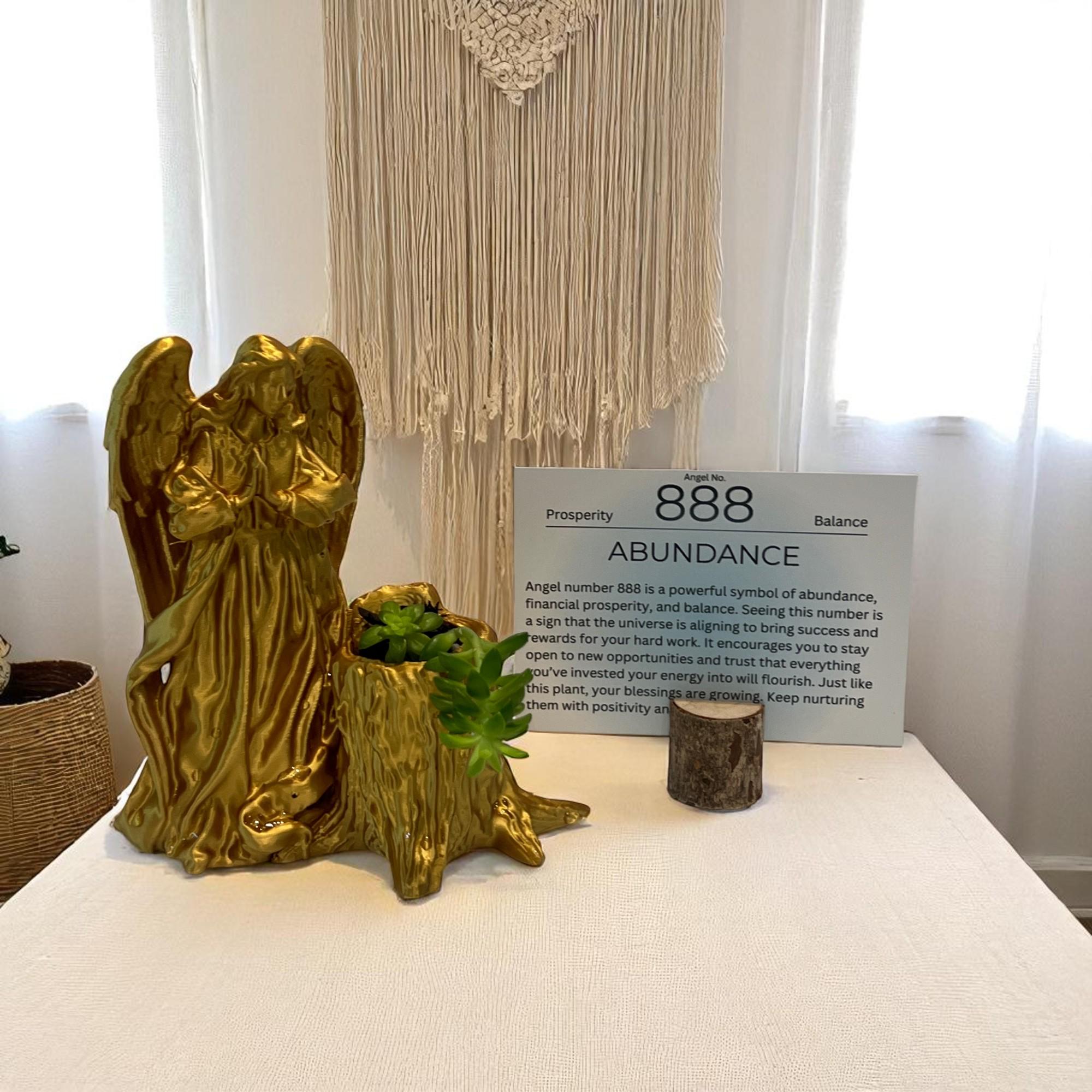 Gold Angel 888 Succulent Planter with Sedum Adolphi, Spiritual Abundance and Prosperity Gift - Winterberry Hearth