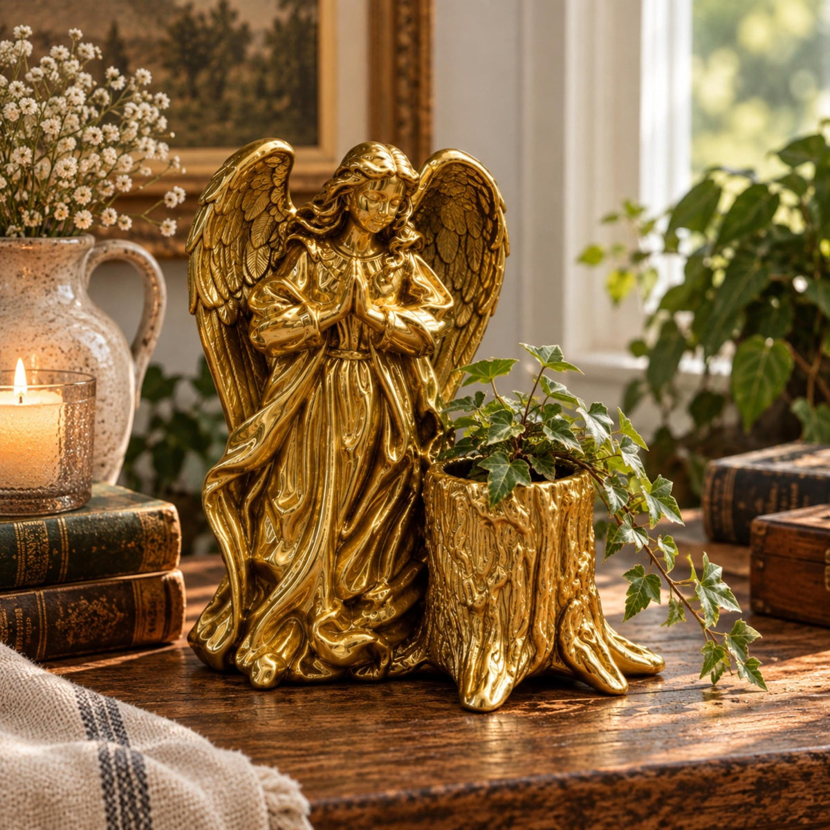 Gold Praying Angel Planter, Christian Home Decor, Small Plant Pot with Drainage, Christmas Gift - Winterberry Hearth