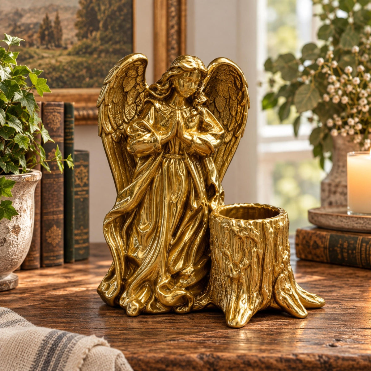 Gold Praying Angel Planter, Christian Home Decor, Small Plant Pot with Drainage, Christmas Gift - Winterberry Hearth