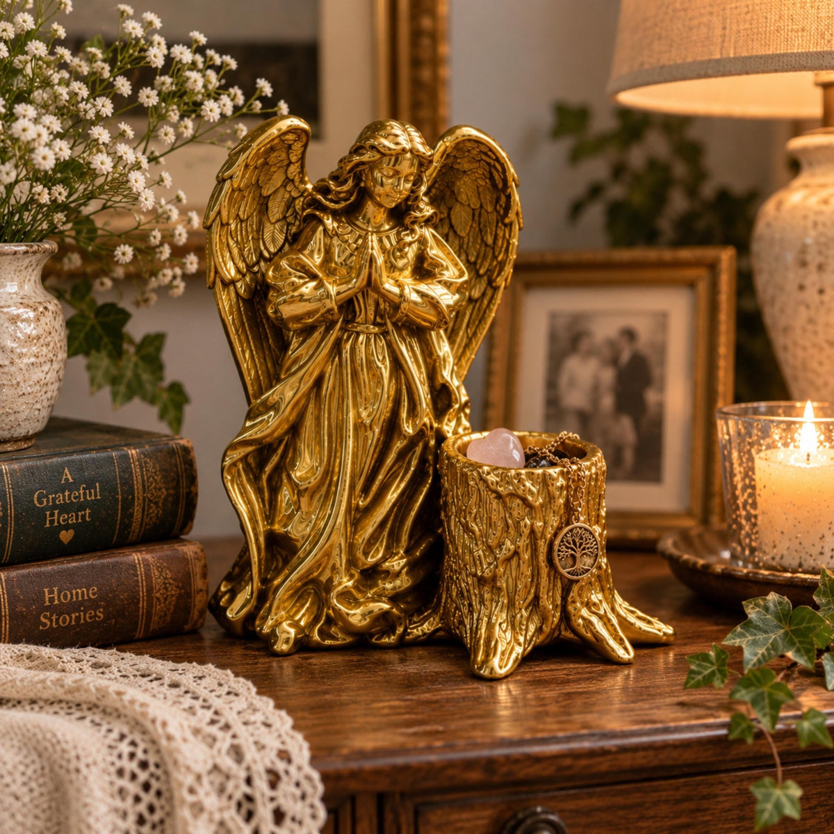 Gold Praying Angel Planter, Christian Home Decor, Small Plant Pot with Drainage, Christmas Gift - Winterberry Hearth