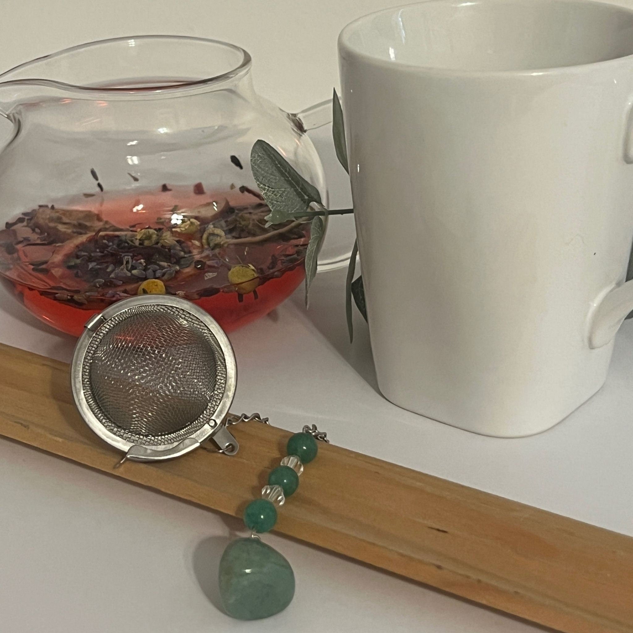 Green Aventurine Crystal Tea Steeper: Stainless Steel Loose Leaf Tea Infuser - Winterberry Hearth