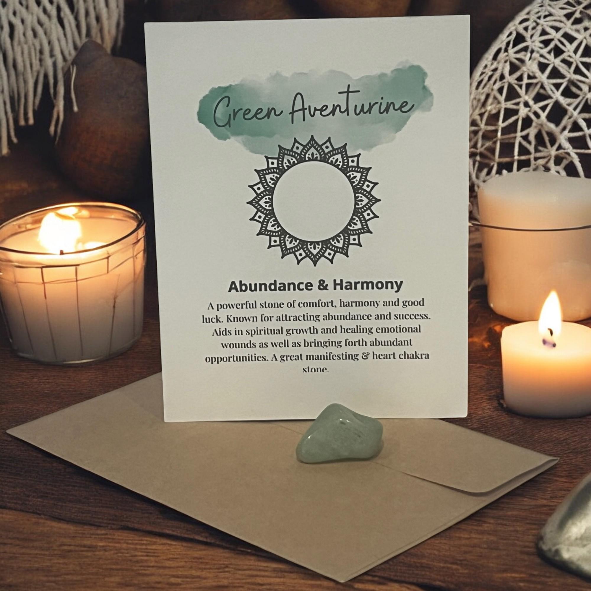 Green Aventurine Crystal with Crystal Meaning Card: Luck & Healing Stone - Winterberry Hearth