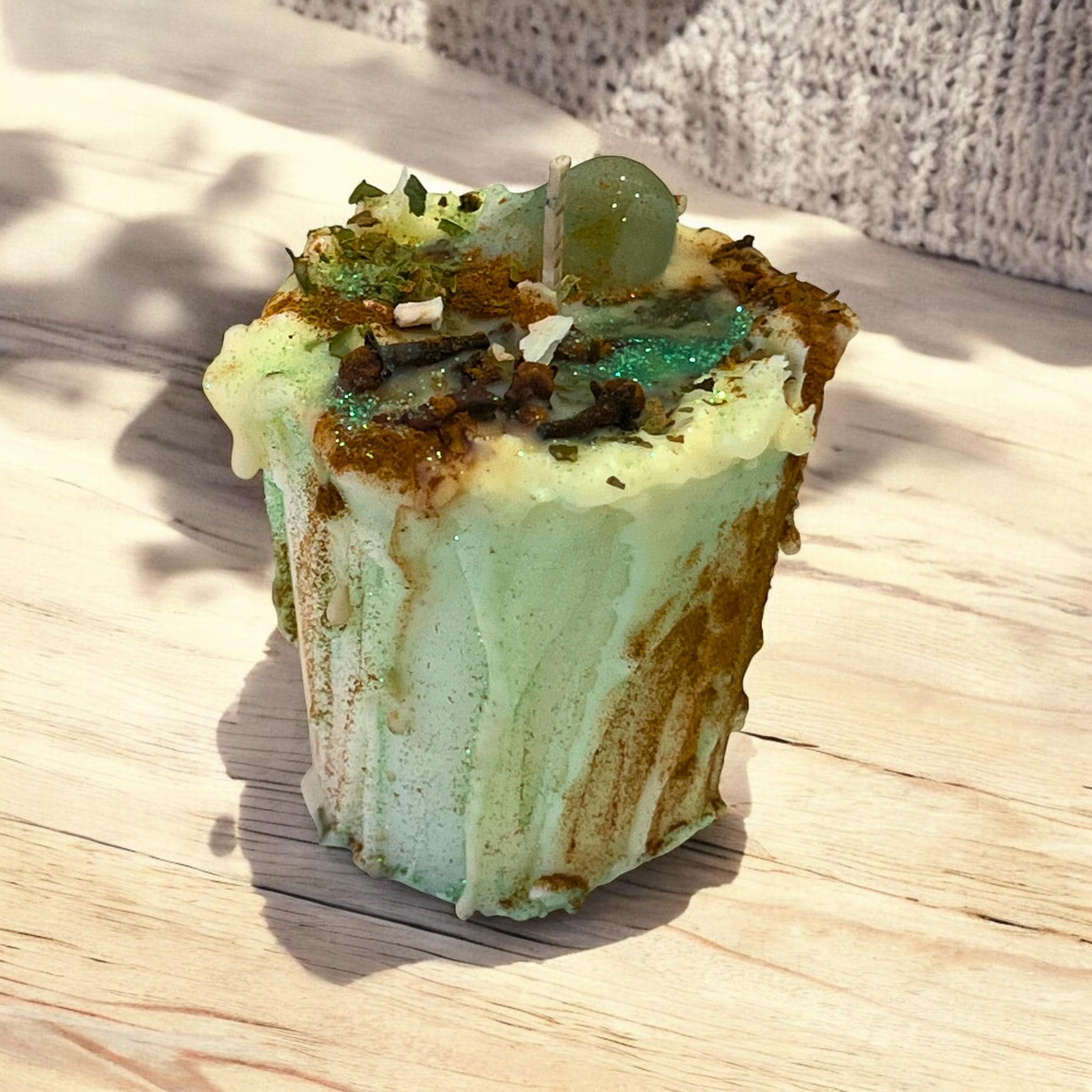 Green Aventurine Drip Candle with Herbs: Intentional Prosperity & Abundance Crystal - Winterberry Hearth