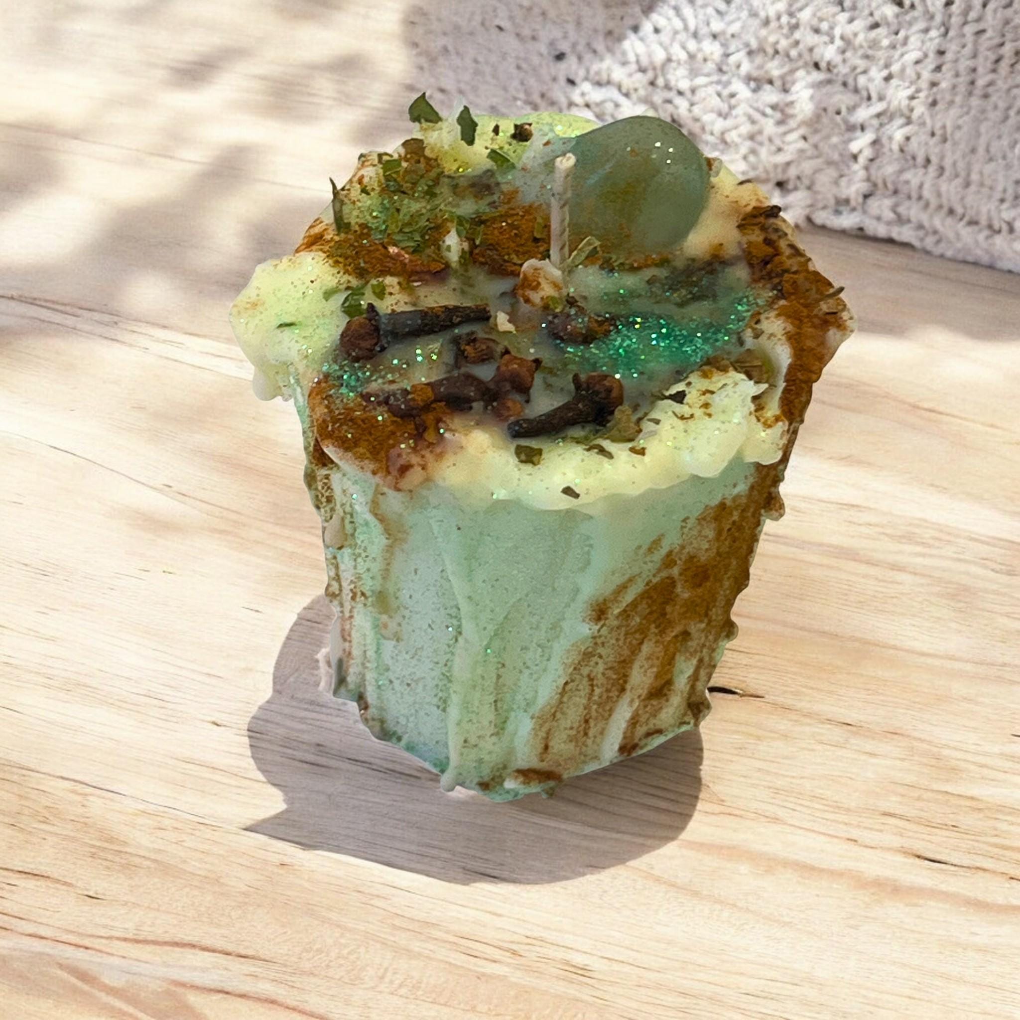 Green Aventurine Drip Candle with Herbs: Intentional Prosperity & Abundance Crystal - Winterberry Hearth