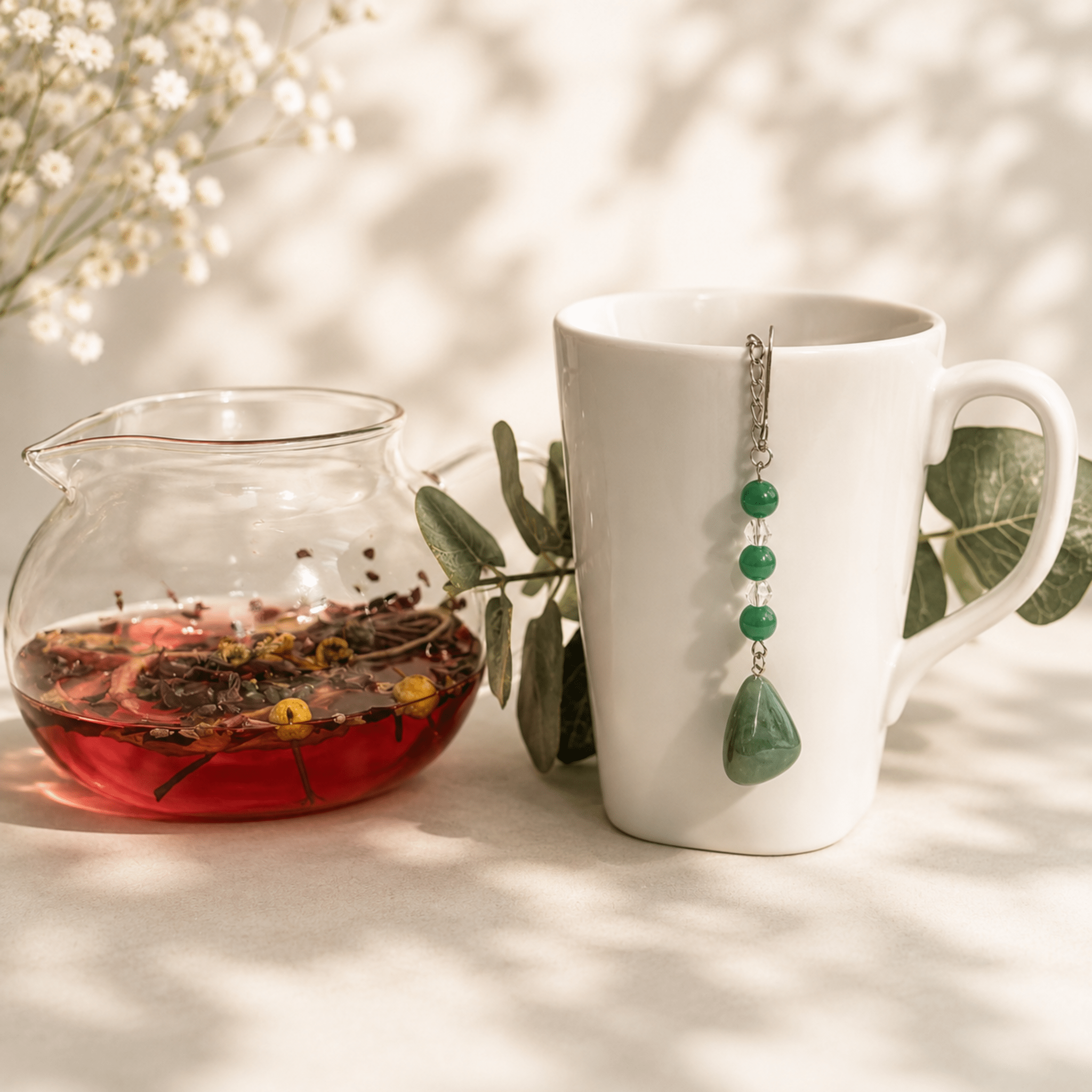 Green Aventurine Tea Steeper, Stainless Steel Loose Leaf Infuser - Winterberry Hearth