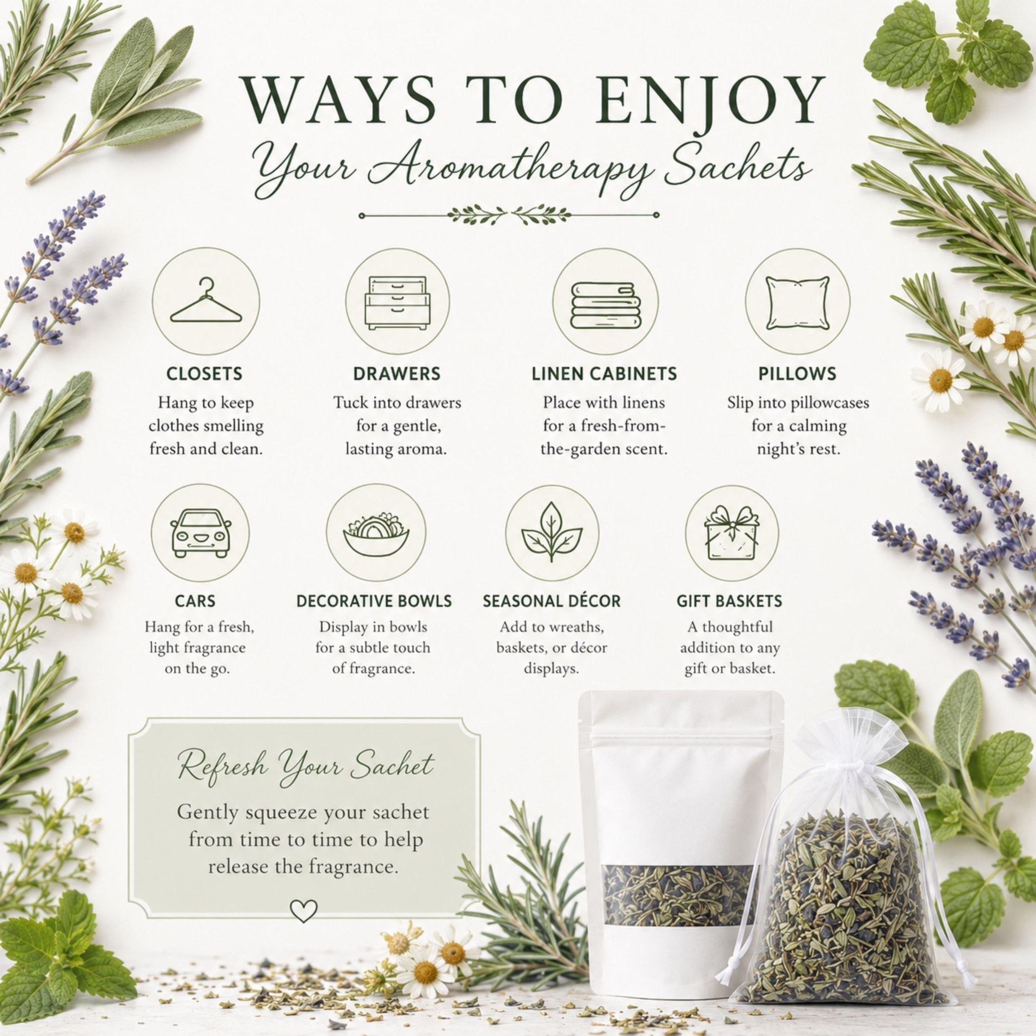 Herbal Garden Home Fragrance Sachet, Garden Rest Herb Pouch, Rosemary Mint Sage Botanical Freshener - Winterberry Hearth