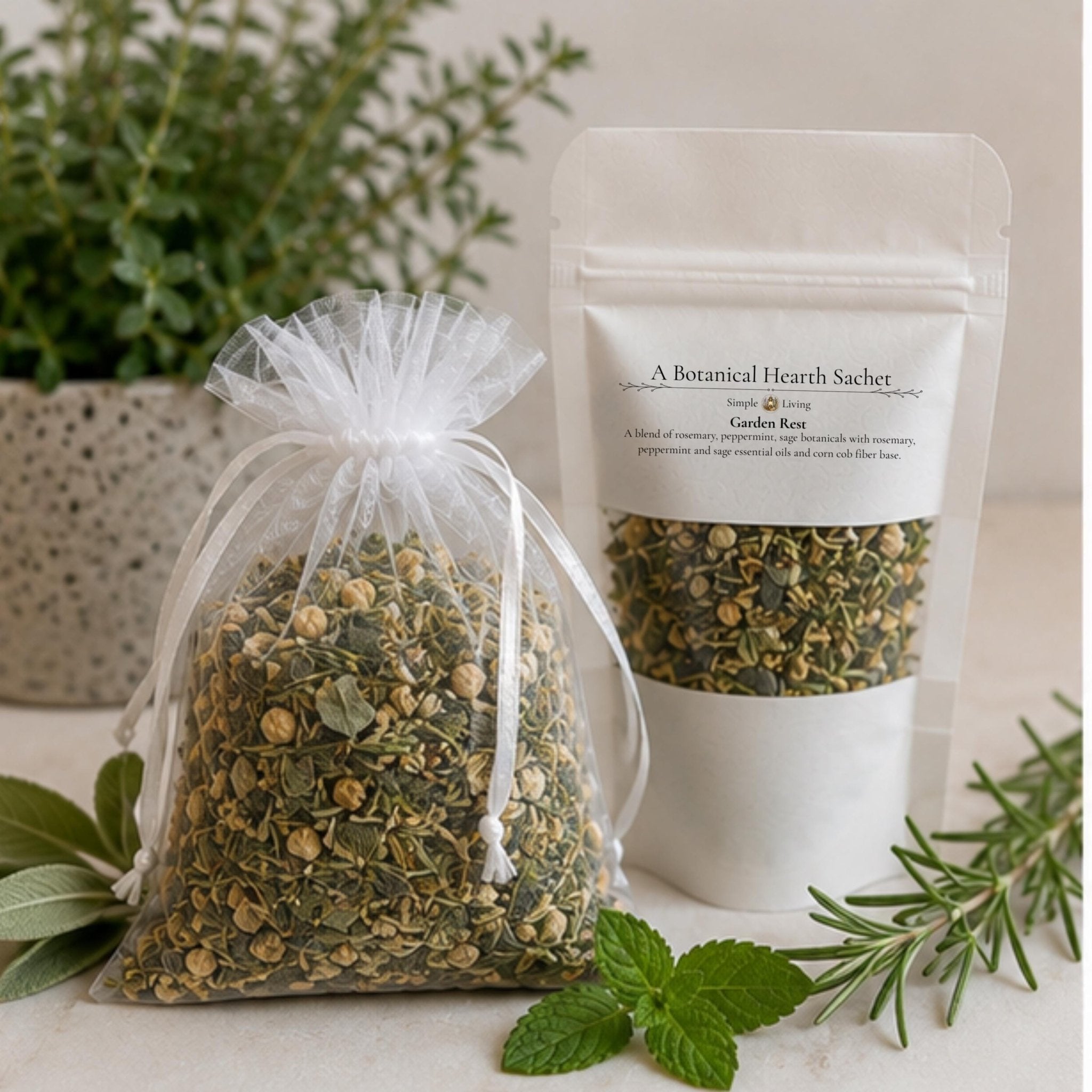 Herbal Garden Home Fragrance Sachet, Garden Rest Herb Pouch, Rosemary Mint Sage Botanical Freshener - Winterberry Hearth