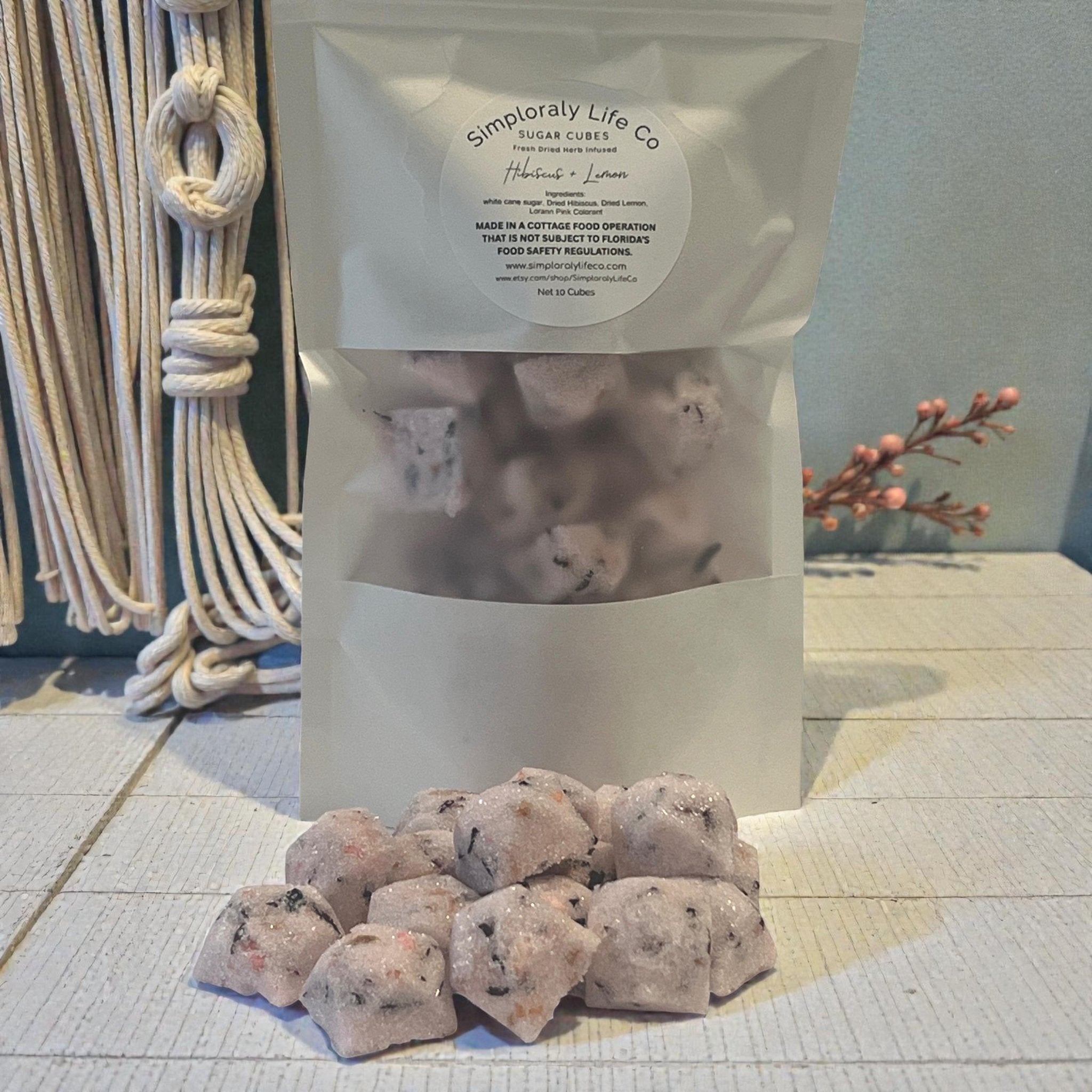 Hibiscus Lemon Sugar Cubes, Gemstone Shaped Pink, Tea & Cocktail Floral Sweetener, Botanical Edible Gift - Winterberry Hearth