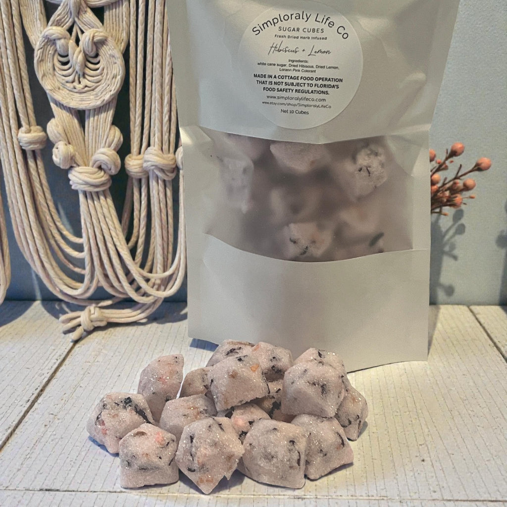 Hibiscus Lemon Sugar Cubes, Gemstone Shaped Pink, Tea & Cocktail Floral Sweetener, Botanical Edible Gift - Winterberry Hearth