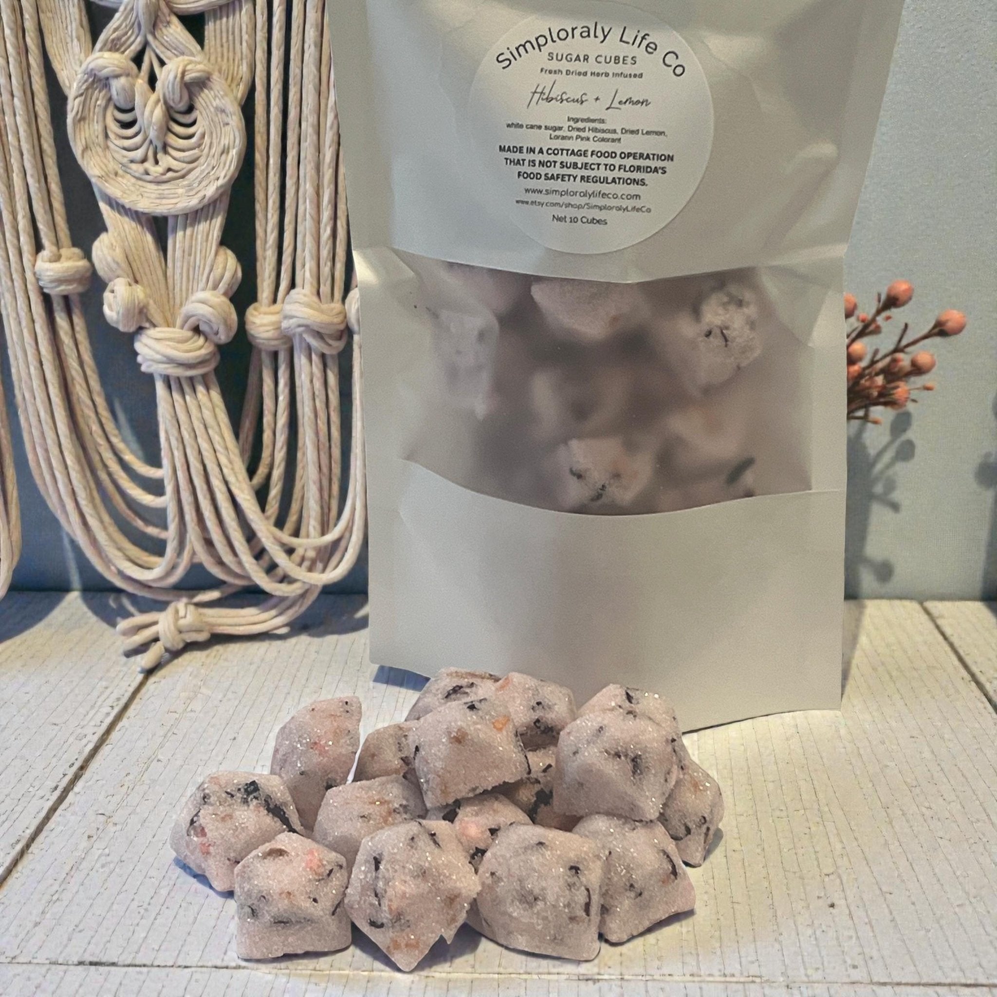 Hibiscus Lemon Sugar Cubes, Gemstone Shaped Pink, Tea & Cocktail Floral Sweetener, Botanical Edible Gift - Winterberry Hearth
